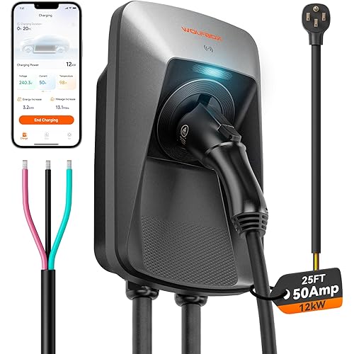 WOLFBOX Level 2 EV Charger 50 Amp J1772,Hardwired EV Charger Level 2 with NEMA 14-50 Plug 25ft Cable,Indoor/Outdoor,Smart APP&RFID Card Control,240V Electric Car Charger for Electric Automobile(WE50)