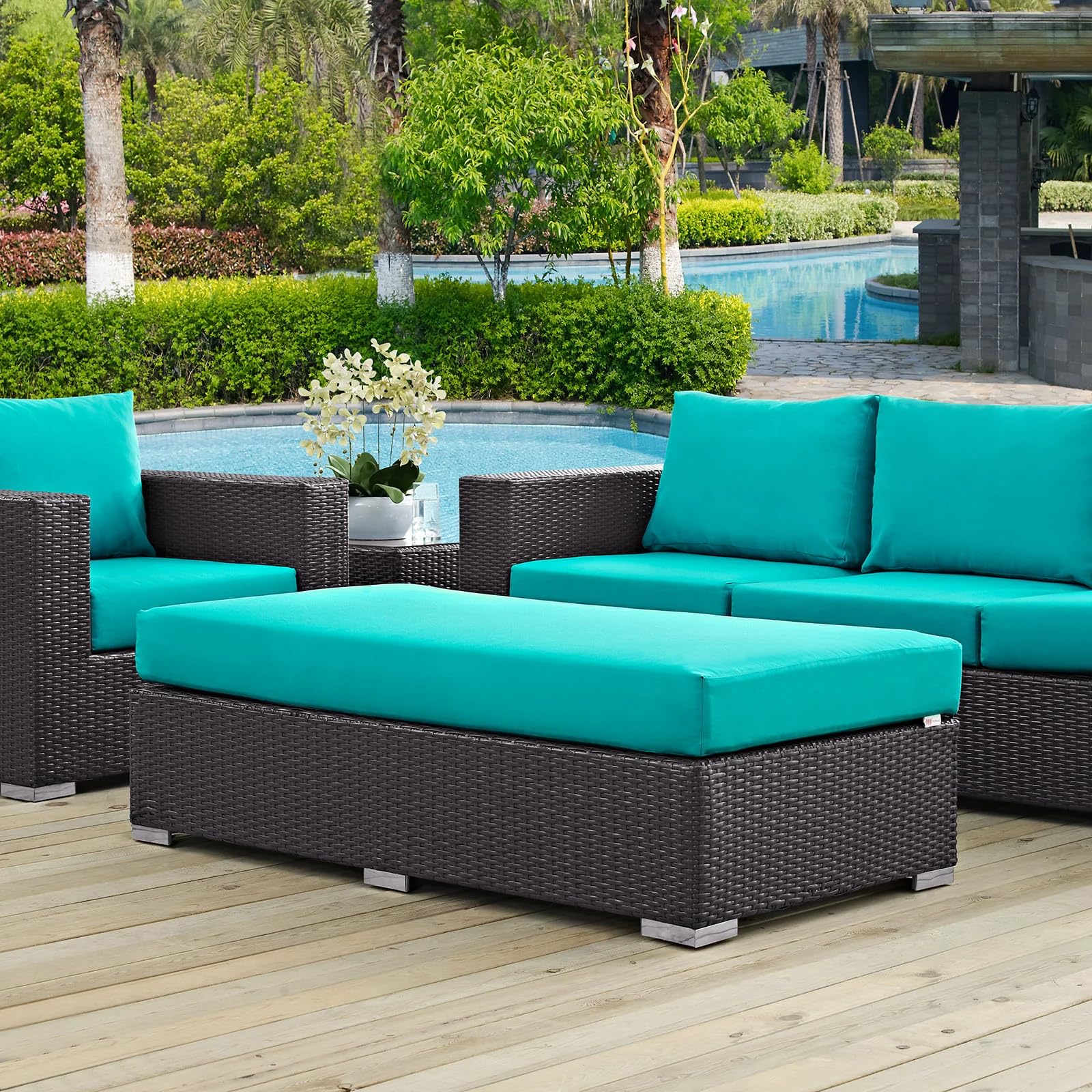 COSTWAY Convene Wicker Rattan Outdoor Patio Square Ottoman with Waterproof Cushion for Garden Backyard Lawn (Drak Brown and Turquoise)-image-36