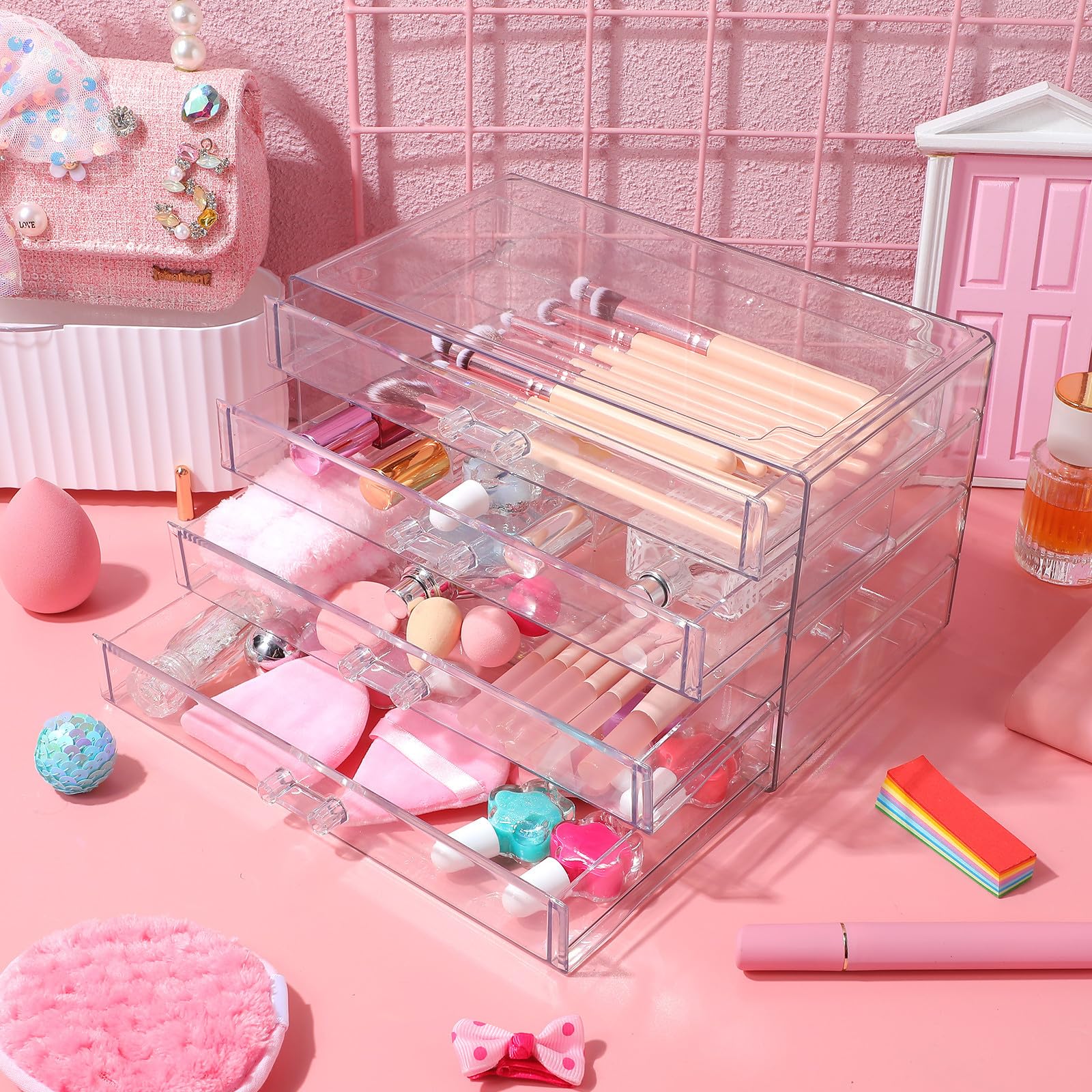 Caja de Maquillaje Acrílico Transparente con Organizador de Cosméticos de Escritorio con Tapa para Dormitorio y Baño Almacenamiento Espacioso y Ahorro de Espacio