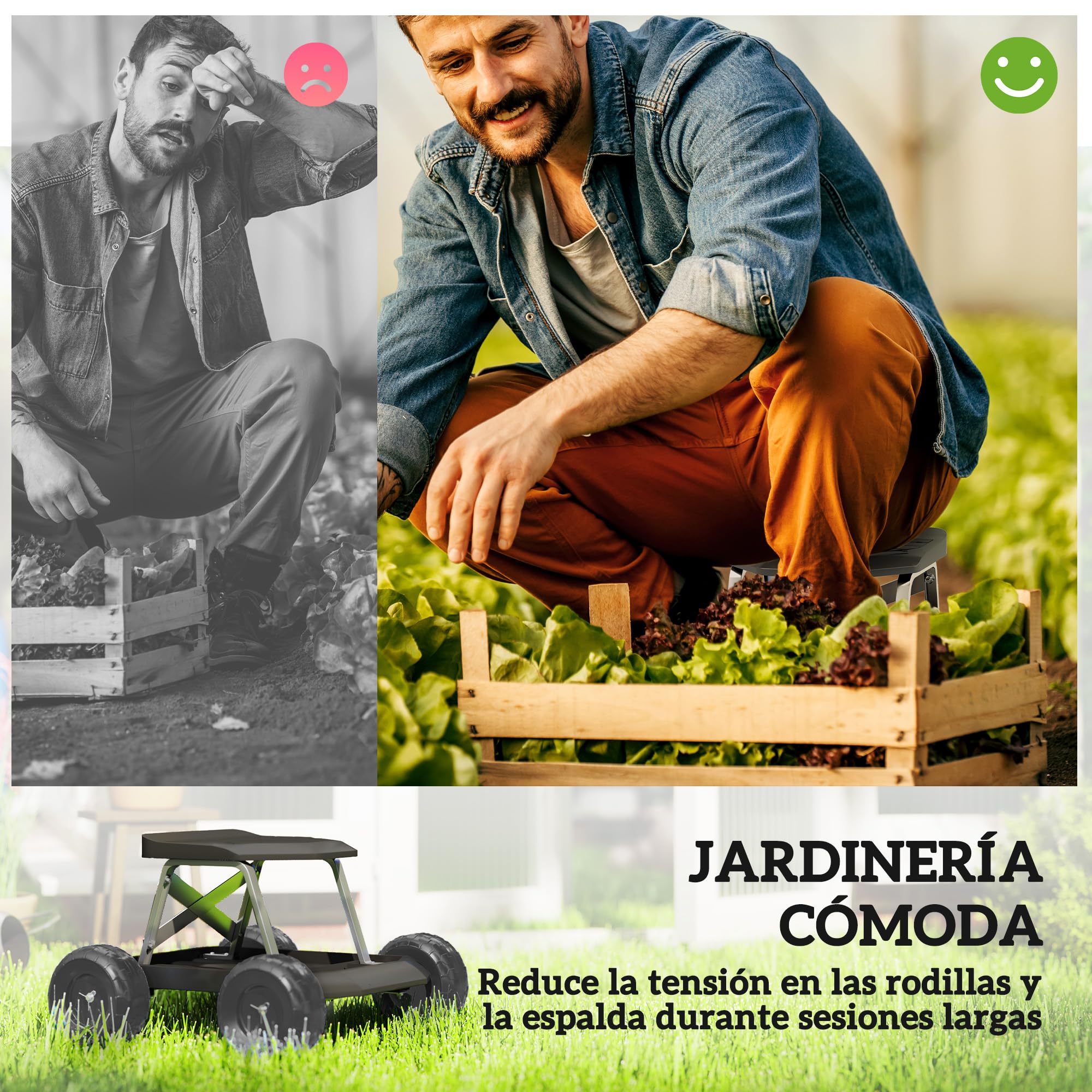 Outsunny Asiento de Jardín con Ruedas Taburete de Jardinería con Bandeja de Herramientas Carrito para Trabajo Carga 130 kg para Patio Exterior Negro