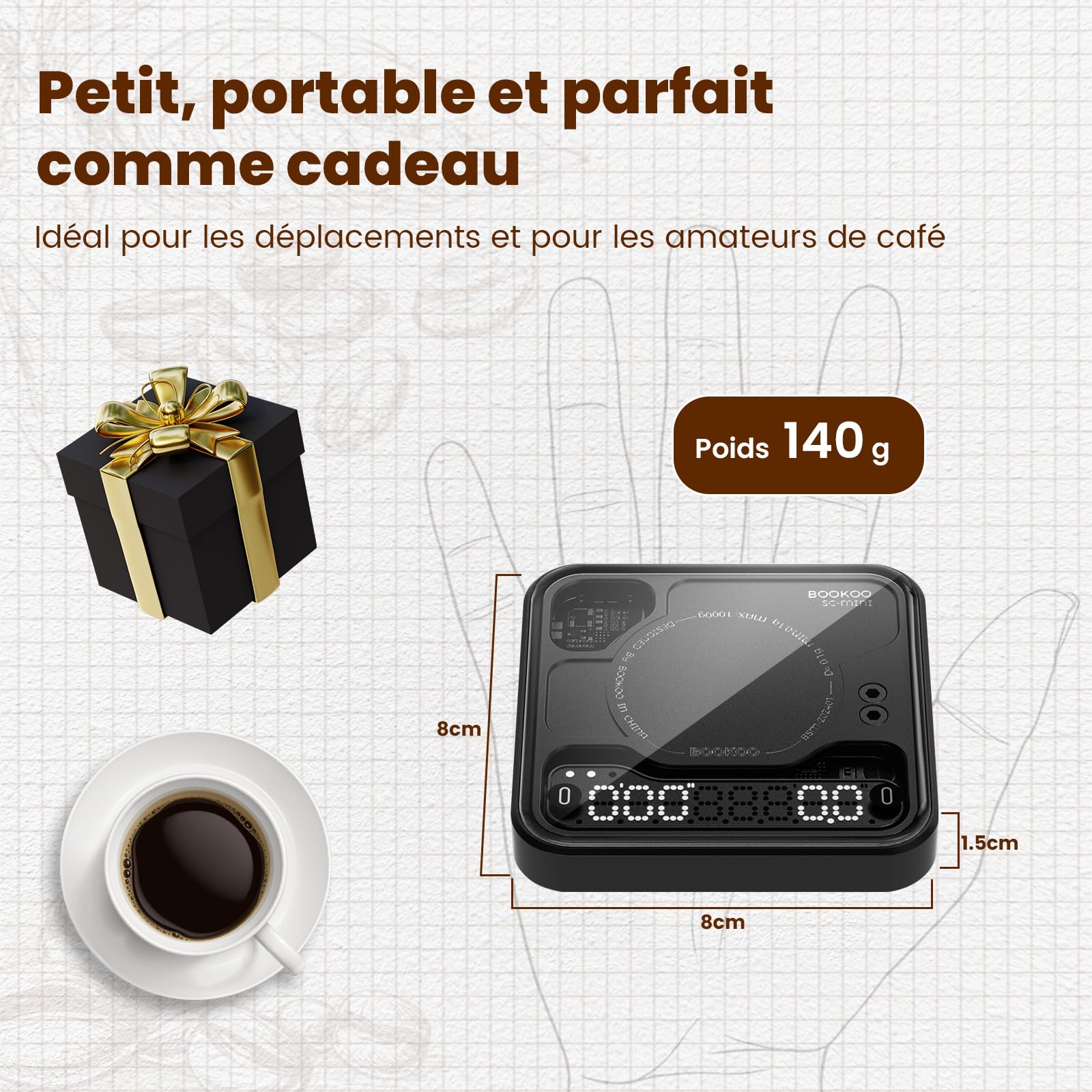 BOOKOO Balance Café avec Minuterie, 0,1 g & 0,1 g/s Haute Précision, USB Rechargeable, 3 Modes, App de connexion Bluetooth, Mini Balance de Précision pour Espresso, Café Filtre, Slow Coffee