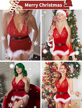 Avidlove Christmas Lingerie Sets Women Garter Bustier Set Santa Babydoll Bodysuits Lace Chemise (No Stockings) S-XXL