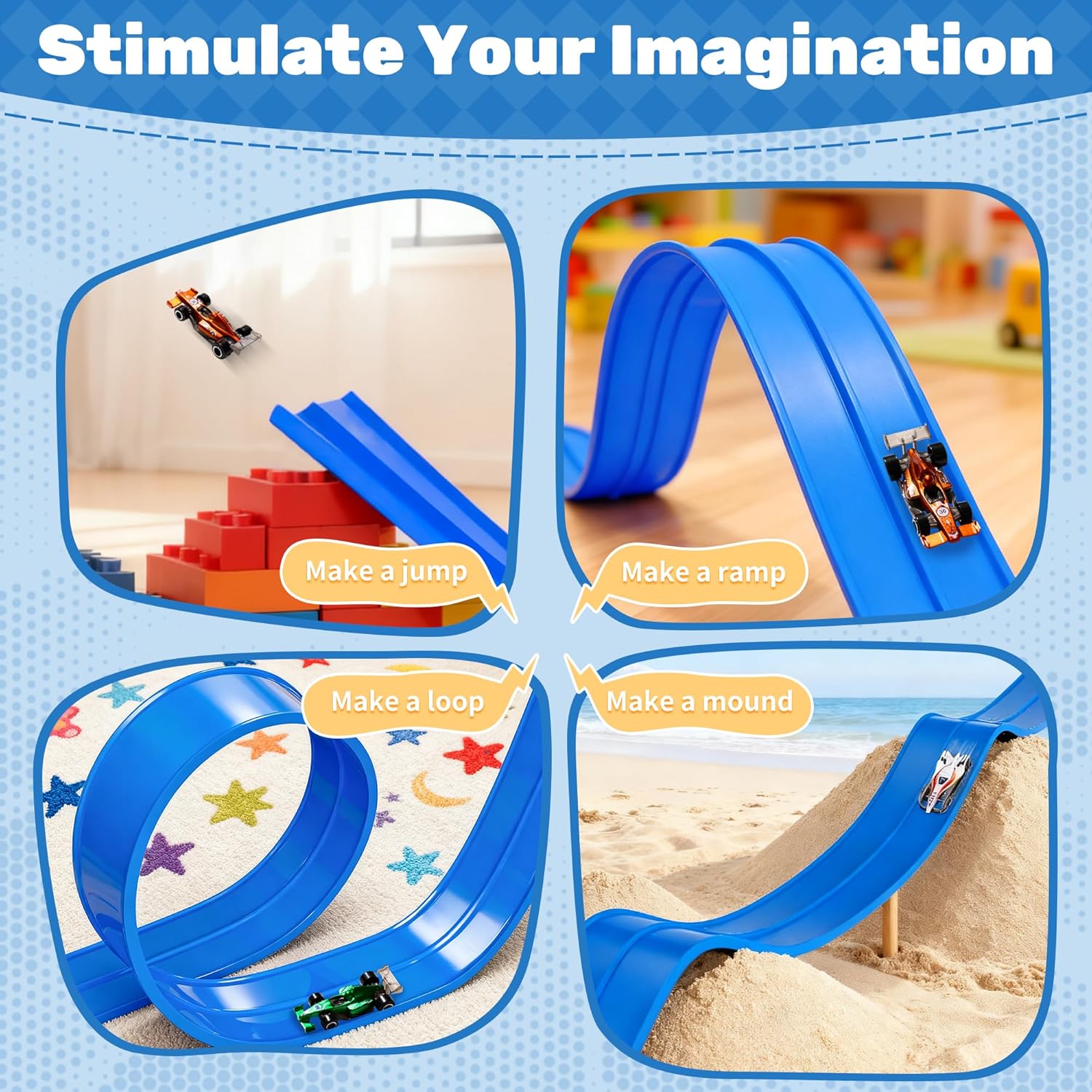 MINDNOOK 16 Ft Flexible Race Car Track Set for Kids, Portable Roll-Up Racetrack with 4 Cars & Suction Cups, Compatible with 1:64 Diecast Toy Cars, Gift for Boys & Girls Ages 4-12