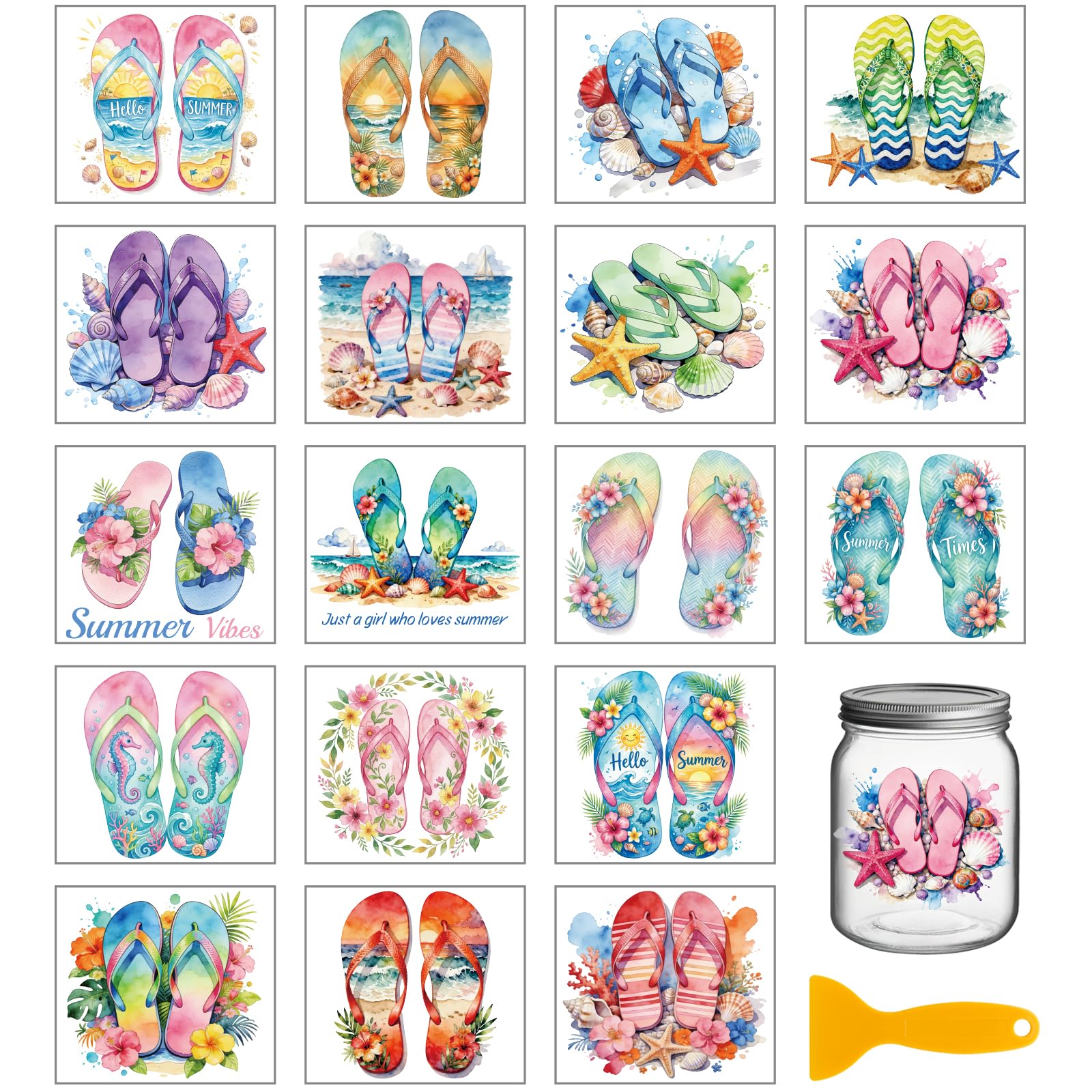GLOBLELAND 18 Sheets Summer Beach Rub on Transfers Sea Slipper Transfer Stickers Decals Watercolor Shell Starfish Cup Stickers Decals for Furniture Vase Glass Bottle Table Decor
