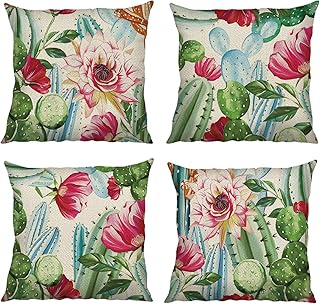 Bonhause Lot de 4 Housse de Coussin 45 x 45 cm Cactus et Fleur Plante Tropical Verte Coton et Lin Décoratif Taie d'oreiller pour Canapé Lits Chaises Voiture Salon Maison Décor