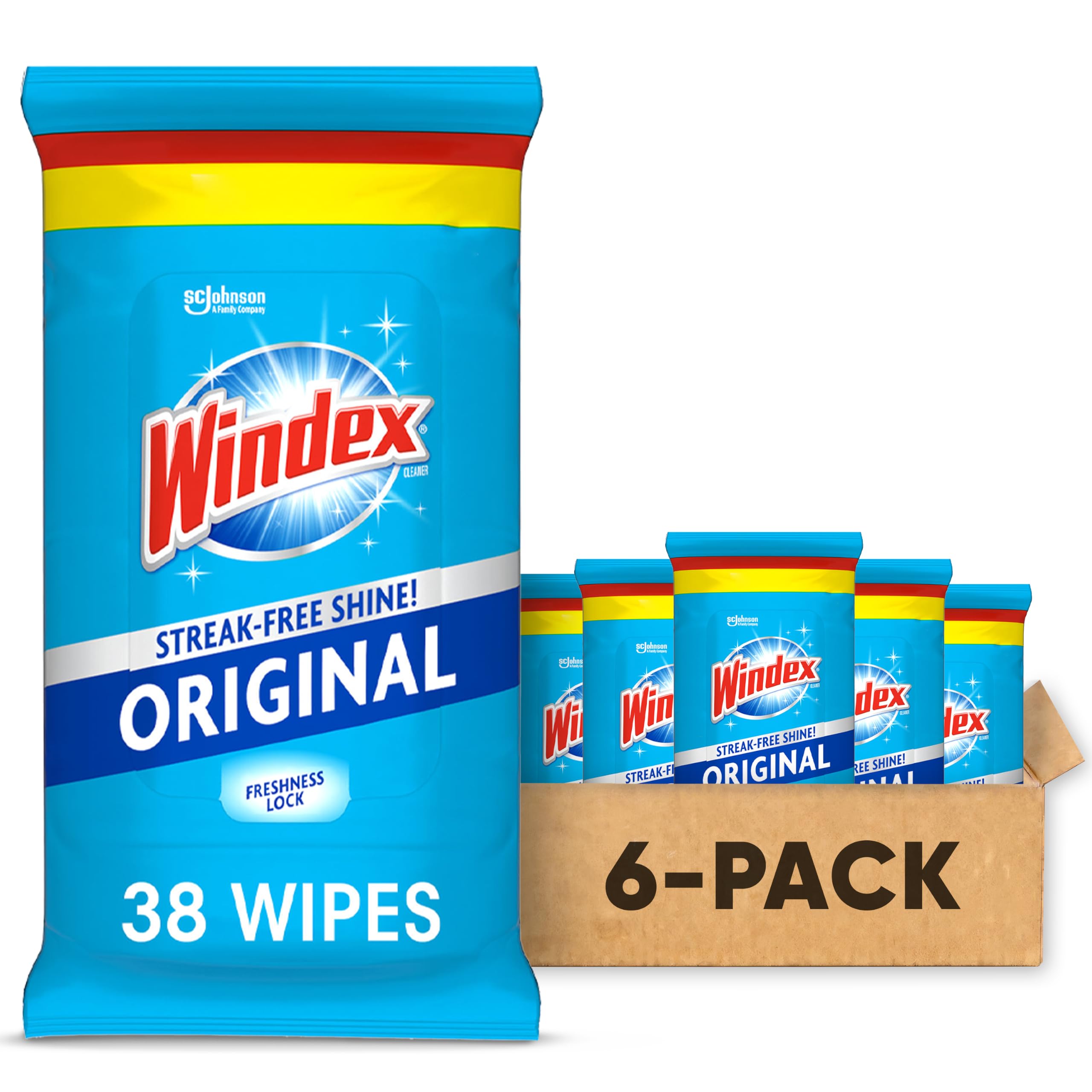 Windex Glass and Window Cleaner Wipes, Portable Cleaning, 38 Count (6-Pack) | Pre-Moistened Glass & Surface Wipes to Clean Windows, Mirrors, Glass Tabletops, Glass Stovetops & More, Household Essentials