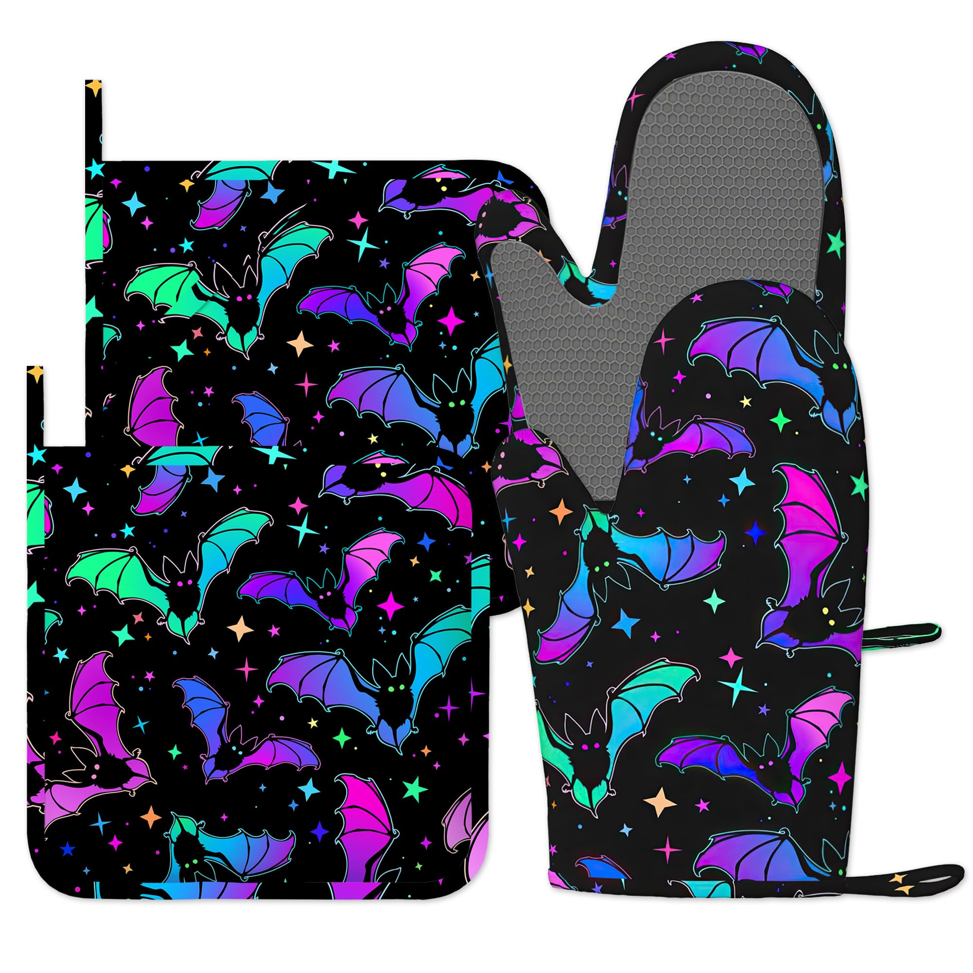 Magic Bat Oven Gloves, 4pcs Oven Mitts & Pot Holders Heat Resistant and Non-Slip Silicone Gloves for Cooking, Baking, BBQ, Kitchen Decor Gift
