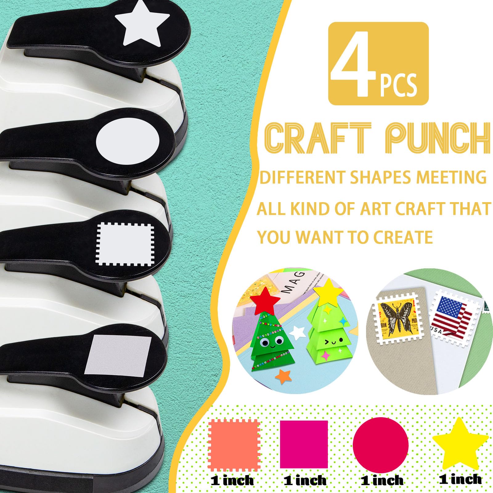 Set di perforatrici per carta, 2,5 cm, per lavori di carta, quadrati, perforatori a stella, cerchi, per artigianato, scrapbooking, creazione di biglietti, progetti fai da te (4 pezzi)