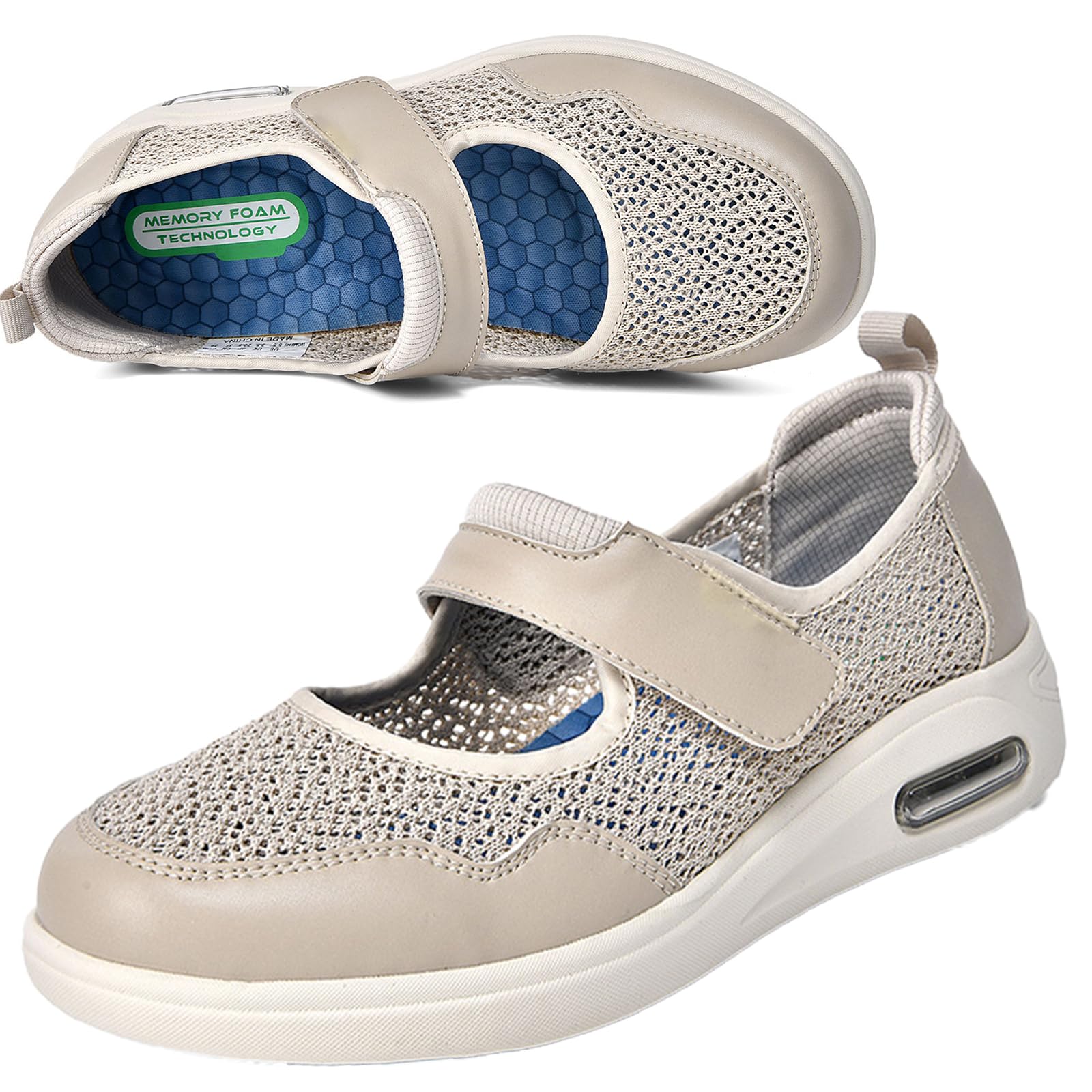 Zapatos Ancho Especial Mujer para Juanetes Calzado Pies Anchos hinchados Zapatillas diabéticas Vendaje pies lesionados y Zapatos diabéticos,Beige,40 EU