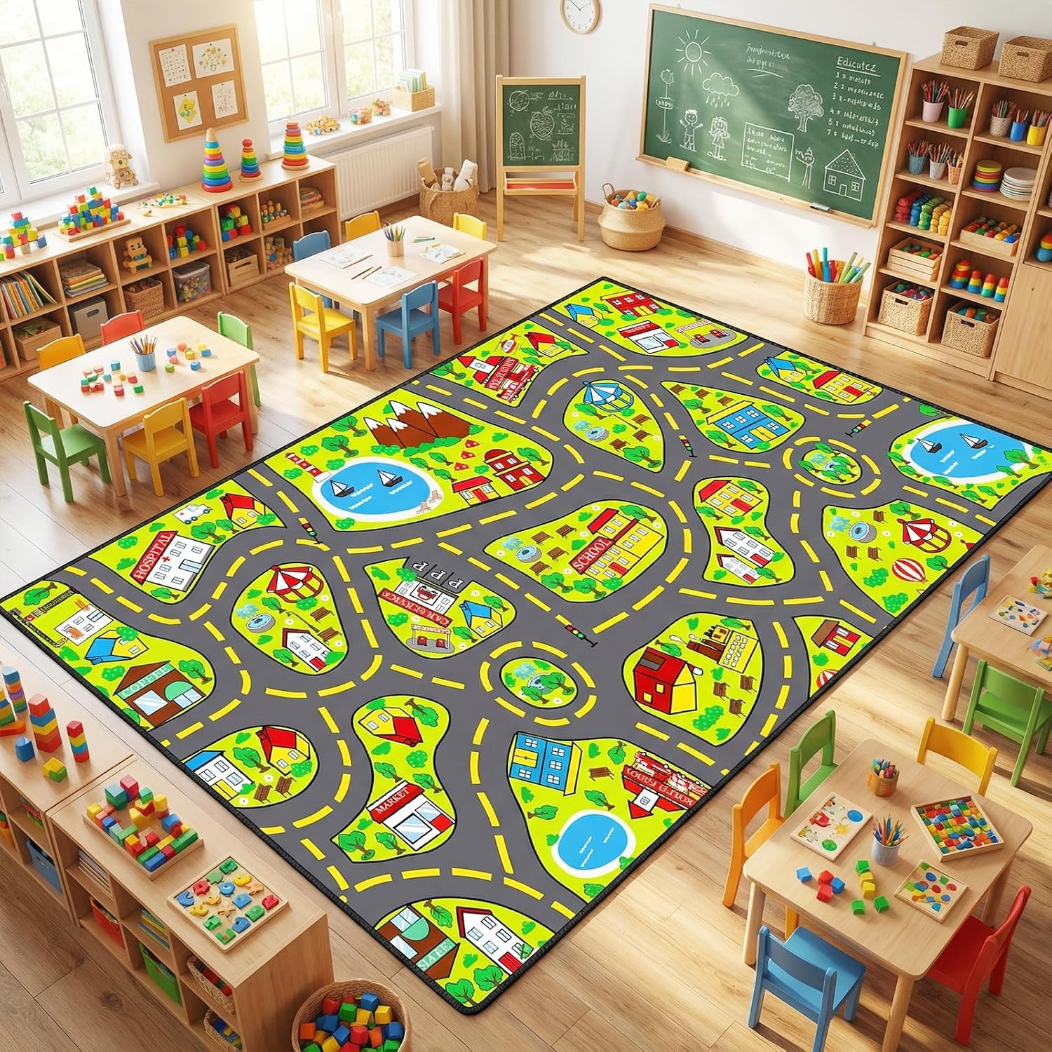 Car Rug Play Mat 6x9 Feet, Car Road Rug for Kids City Road Map Carpet Educational Learning Play Carpet Kids Play Rugs for Playroom Classroom Bedroom