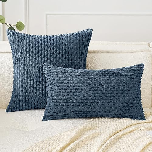 Miniatura 4 de Woaboy Juego de 2 fundas de almohada azules de 16 x 16 pulgadas, fundas de almohada decorativas para sofá de pana suave estilo campestre para