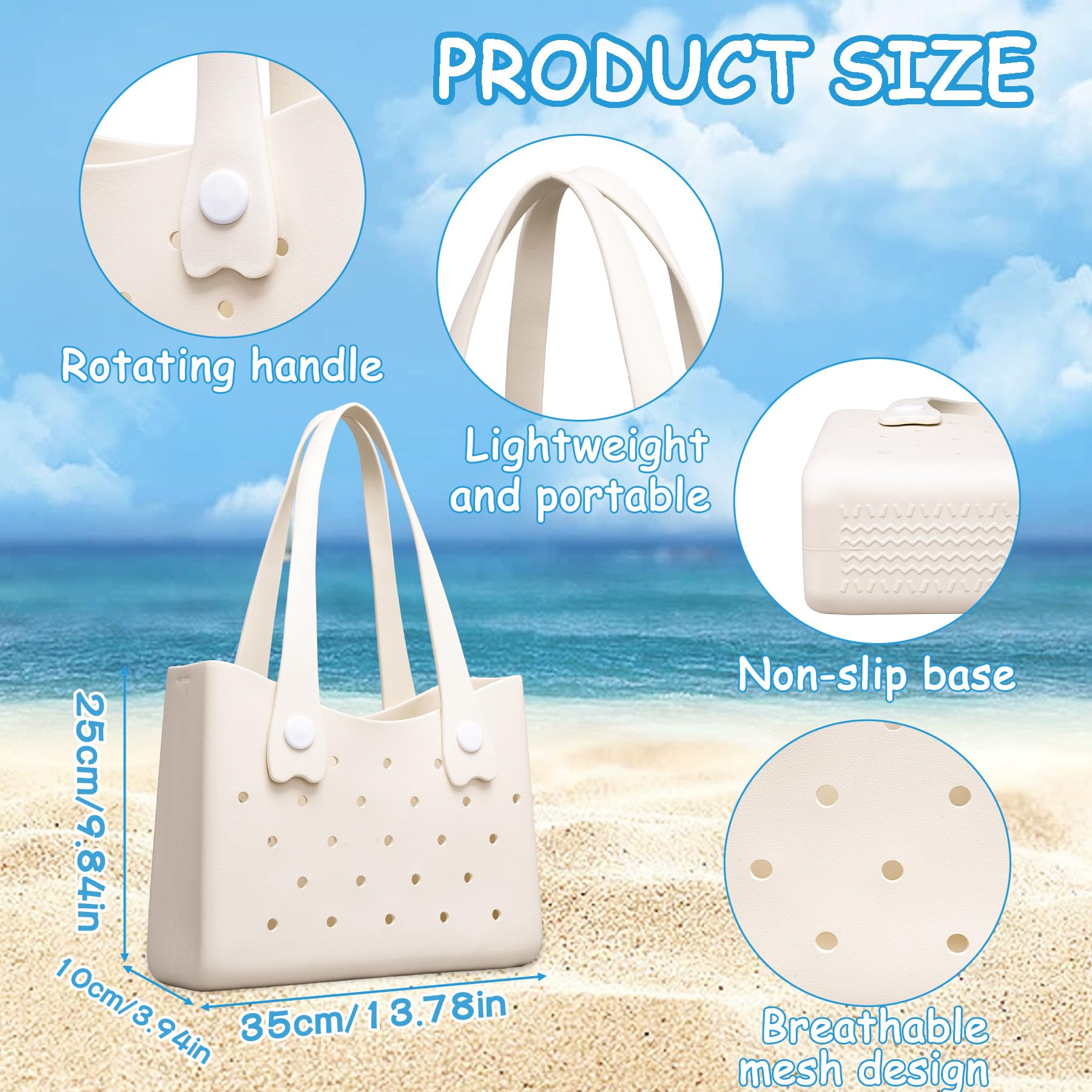 Larcenciel Strandtasche aus Gummi, wasserdichte Damen Tote Bag mit Perforiertem Design und Schultergurt, Beige Handtasche für Sommer, Reise, Pool, Boot, Arbeit, Sport, 35x27x11 cm