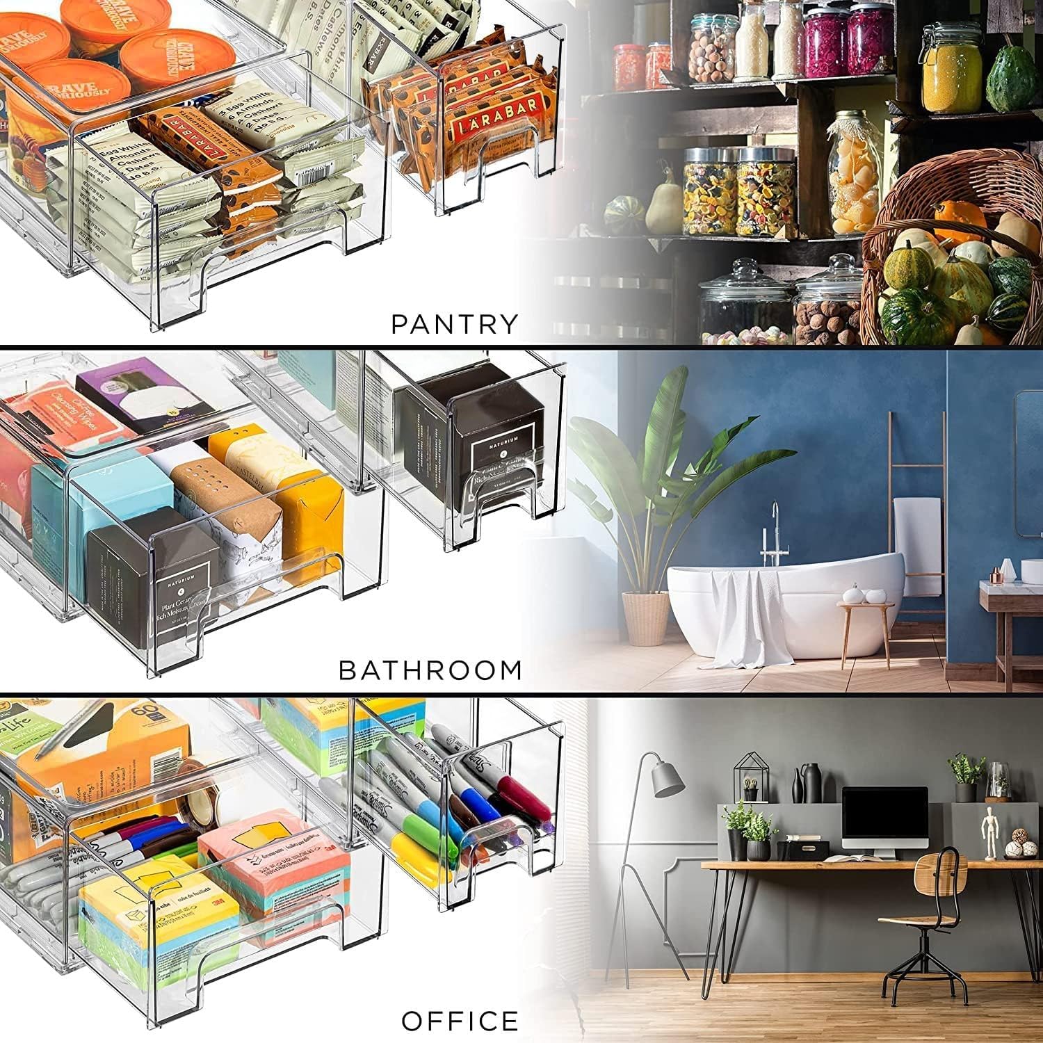 Sorbus Fridge Drawers - Clear Stackable Pull Out Refrigerator Organizer Bins - Food Storage Containers for Kitchen, Freezer, Vanity & Fridge (6 Pack | 1 Medium, 2 Small Stackable Drawer Bins)