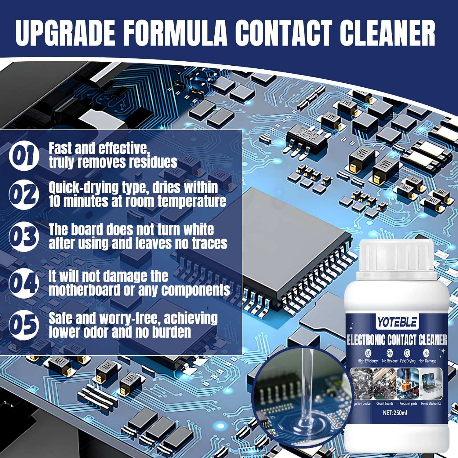 250 ML Electronic Contact Cleaner, Electrical Cleaner with 2 Cleaning Brushs, No Damaging, Suitable for Cleaning Circuit Boards Appliance Control Boards Switches & Connectors, Clear
