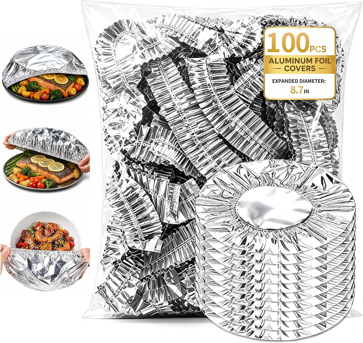 100pcs Reusable Aluminum Foil Food Covers, 8.7in Elastic Foil Bowl Covers, Insulated Aluminum Lids for Bowls Plates,Heat Retaining Food Cover for Kitchen Meal Prep Leftovers BBQ Parties Food Storage