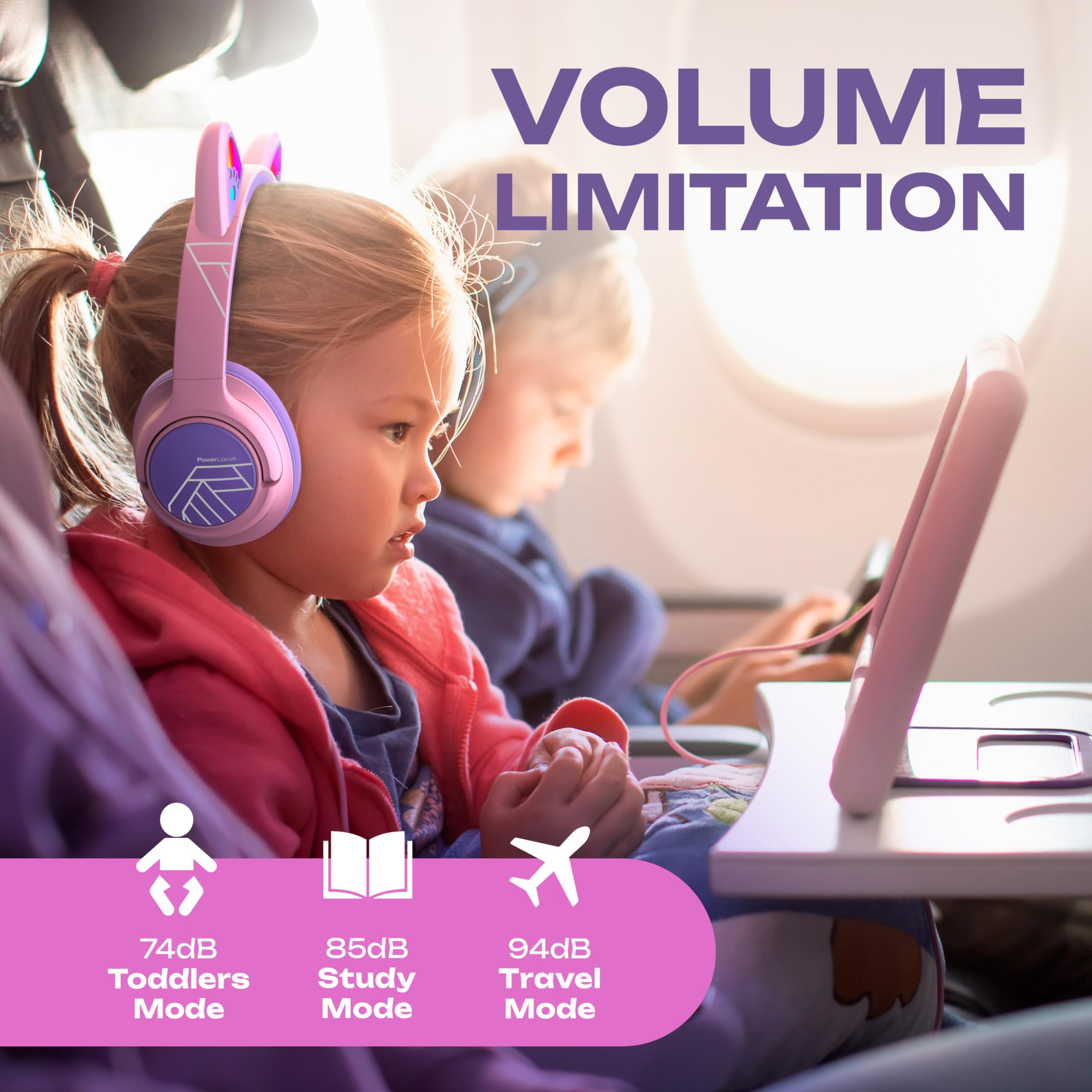 PowerLocus Kids Wireless Headphones, Cat Ear LED Lights, 74/85/94dB Volume Limited, Kids Bluetooth Headphones Over Ear - Image 4