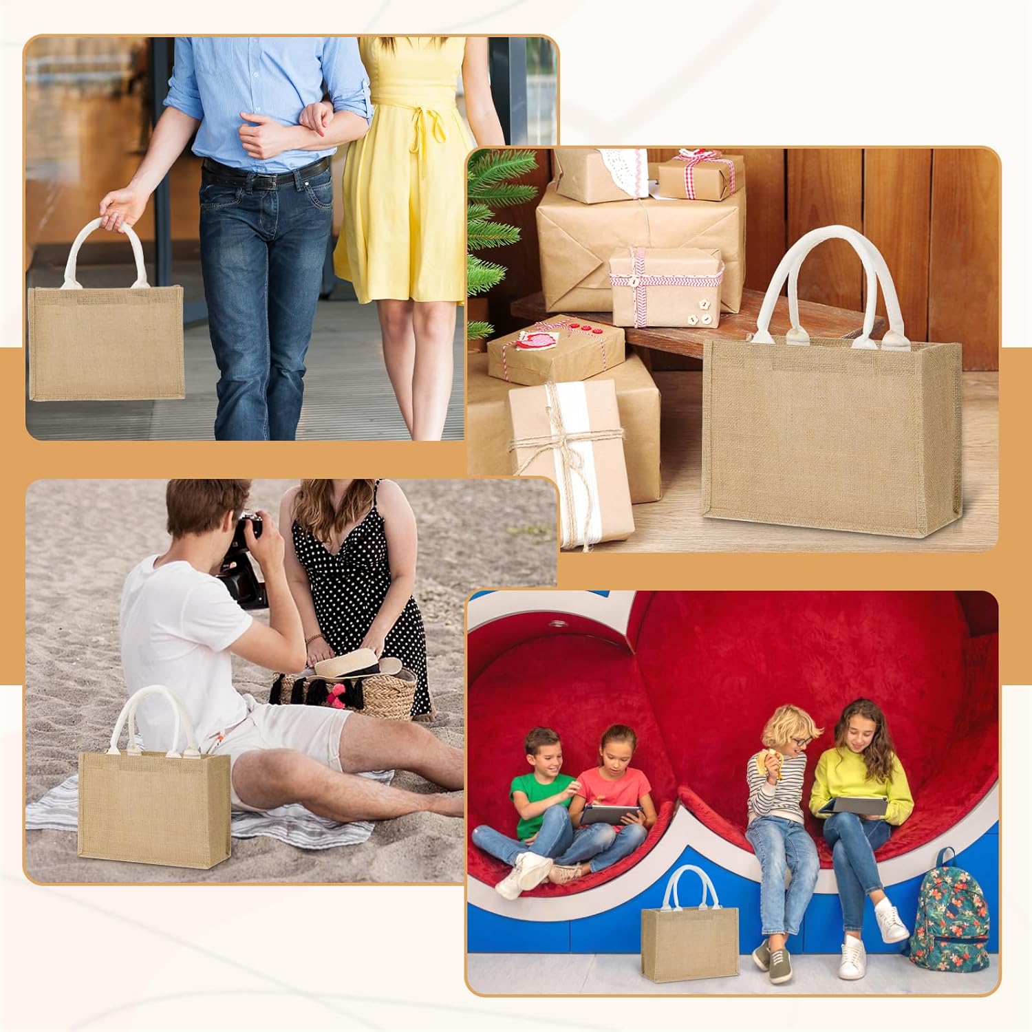 6 Pcs Burlap Tote Bags, Natural Jute Reusable Grocery Bag Canvas Gift Favors Bag with Handle Small Tote Bags for Women Market Grocery Shopping Wedding Birthday Party - Image 7
