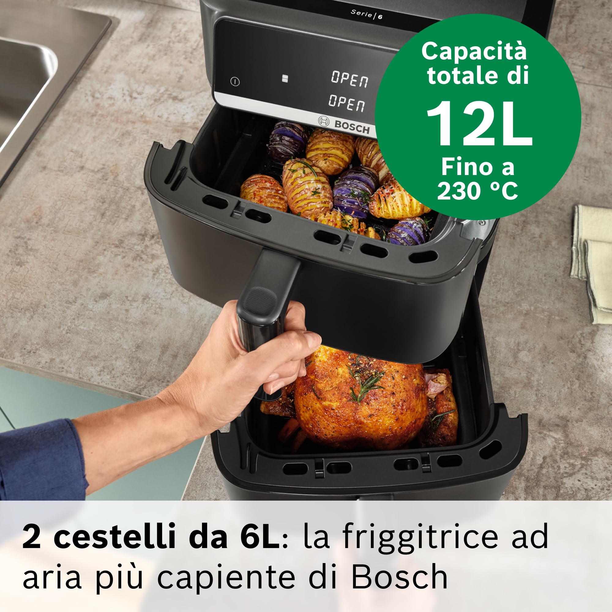 Bosch Friggitrice ad Aria Serie 6, XXL Doppio Cestello 12L, 2 Cestelli da 6L con Funzione SYNC, 6 Programmi Preimpostati, Rivestimento 100% Ceramica Non Tossico, Interno In Metallo, Nero, MAFD661B0