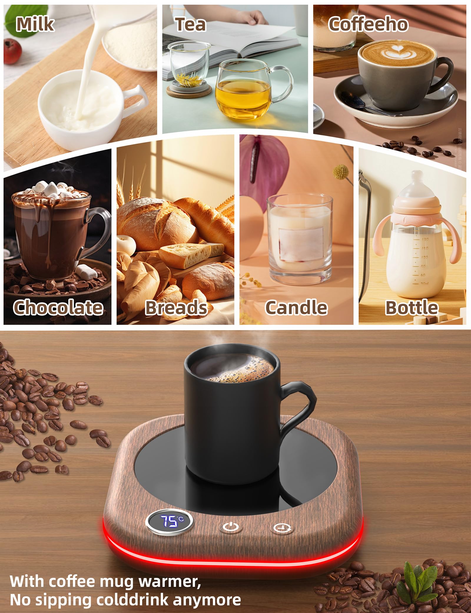 Calentador de Tazas，Calentador de Café de Sobremesa con 3 Modos de Temperatura, Pantalla Digital LCD，1-12H Apagado Automático, Calentador de Velas Inteligente Café Accesorios
