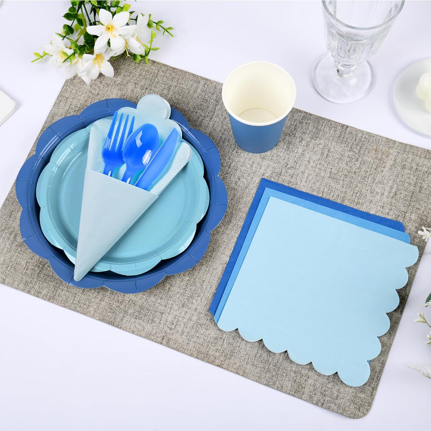 350 Pcs Blue Party Supplies Set - Blue Paper Plates and Napkins Set Include Gradient Blue Scalloped Paper Plate Napkin Cup Spoon Fork Knife for Birthday, Baby Shower, Wedding Forest Events
