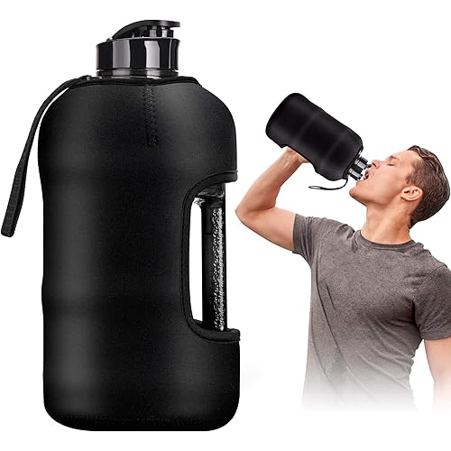 KAPTRON Gym Water Bottle with Case - Bodybuilding Water Bottle - Strong Durable 2.2 Litre Water Bottle with Handle - BPA Free Large Half Gallon Sports Water Bottles (Black)