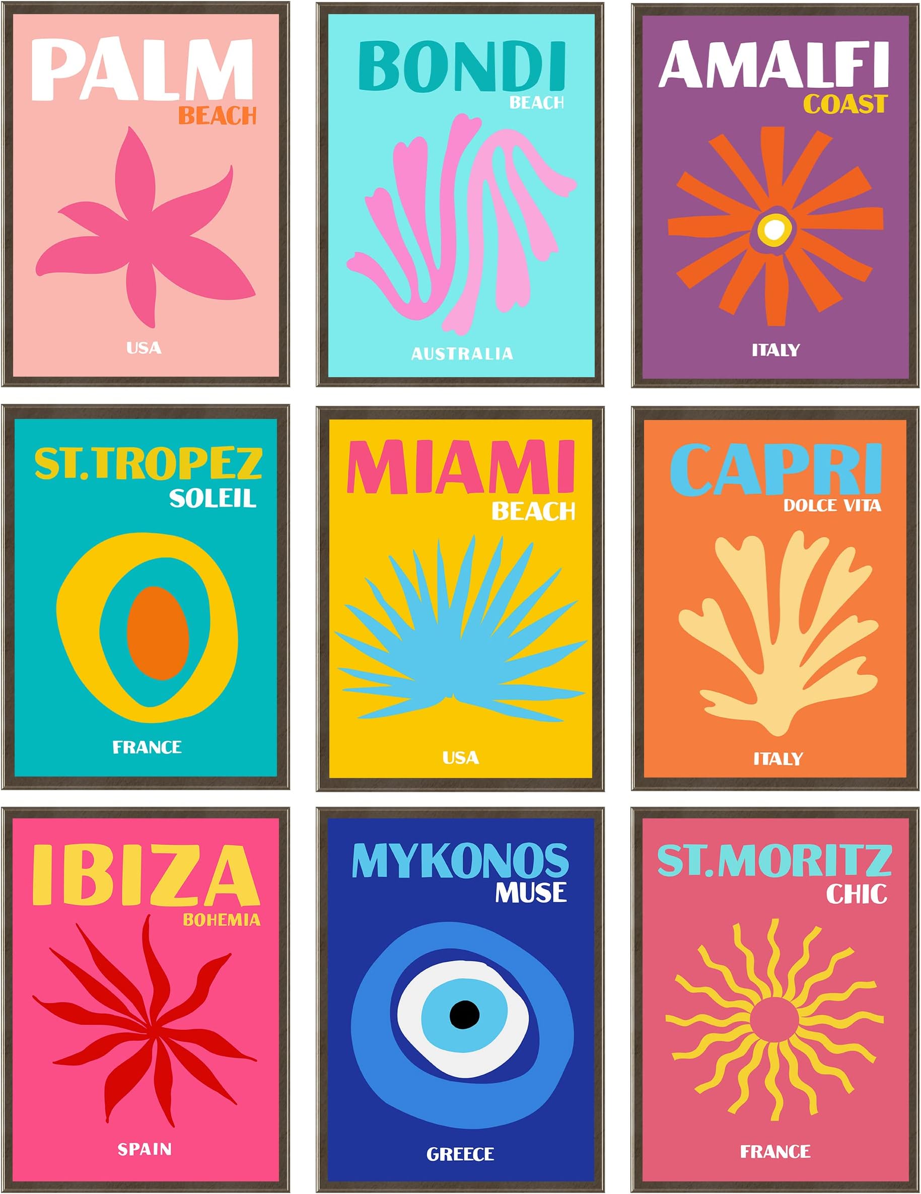 BAYKUL Preppy Room Decor, Poster Prints for Bedroom Decoration, Set of 9 (8x10 Inch), Aesthetic Wall Art, Ibiza Miami Beach Travel Posters (UNFRAMED)