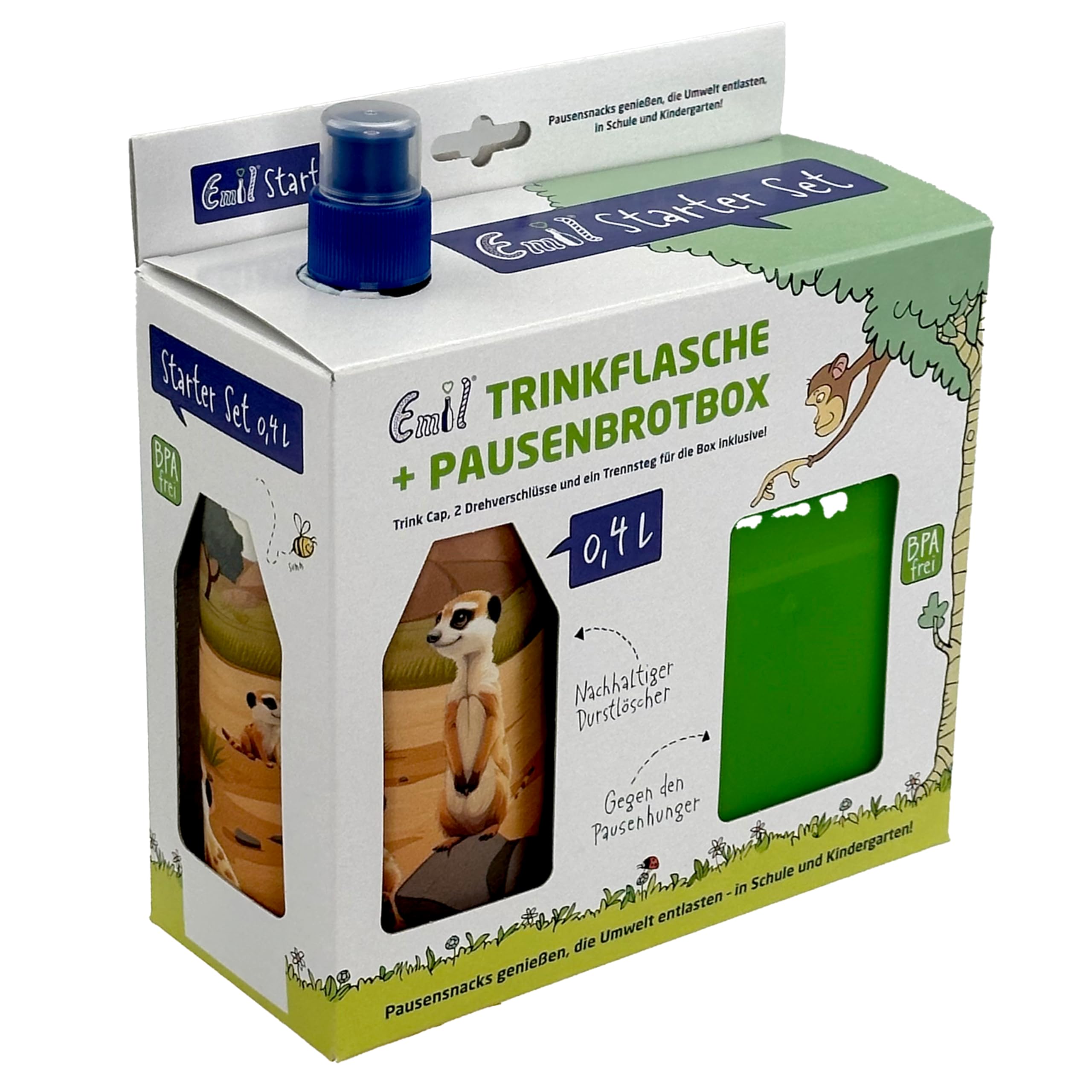 Emil Glas Trinkflasche Starterset 0,4l Erdmännchen – inkl. Brotbox & 3 Verschlüsse, isolierte Kinderflasche für Kita, Kindergarten & Schulstart, schadstofffrei