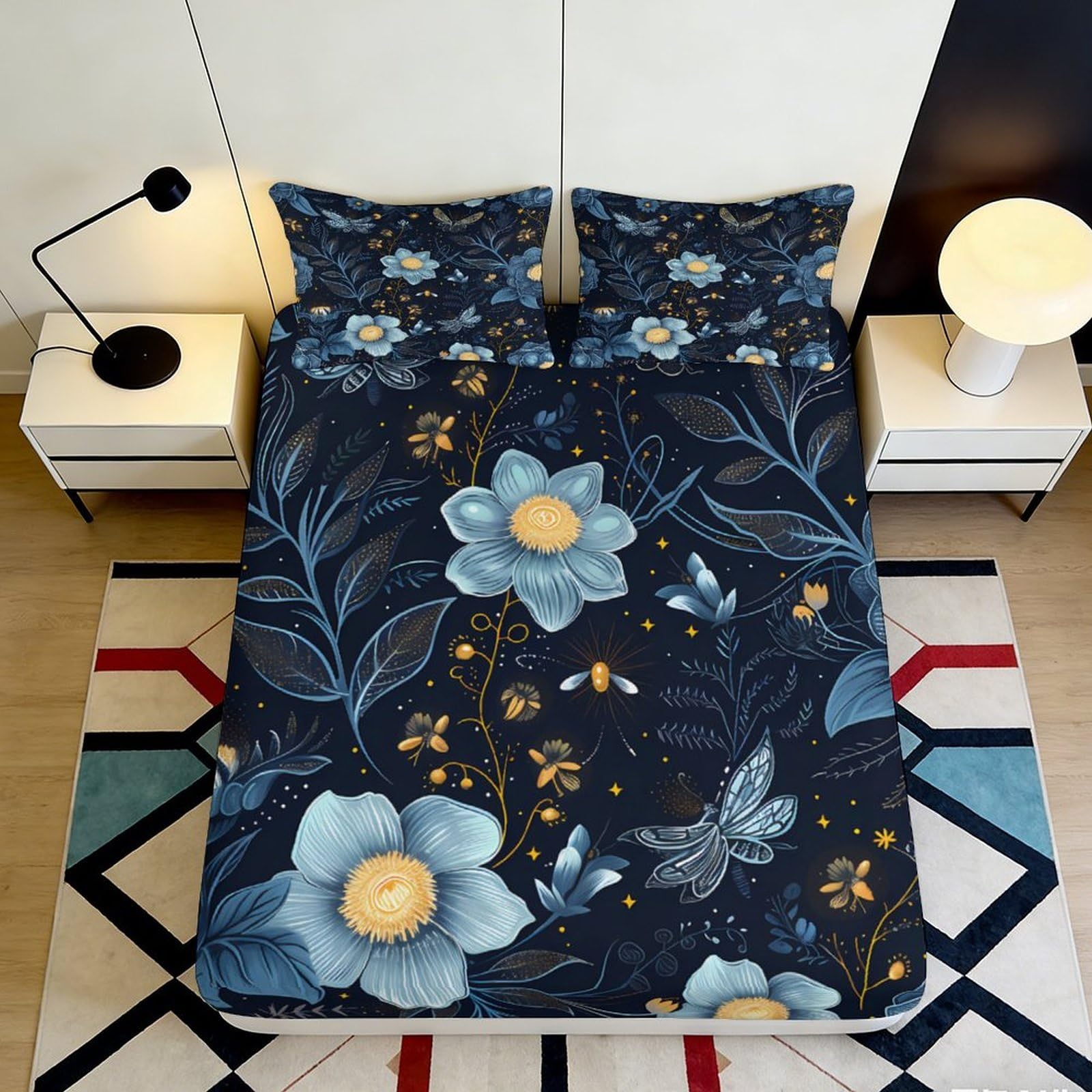 3D Printed Blue Floral Fitted Sheet Microfiber Non-Slip Mattress Cover Dark Botanical Bedroom Decor Machine Washable 140x200x25cm