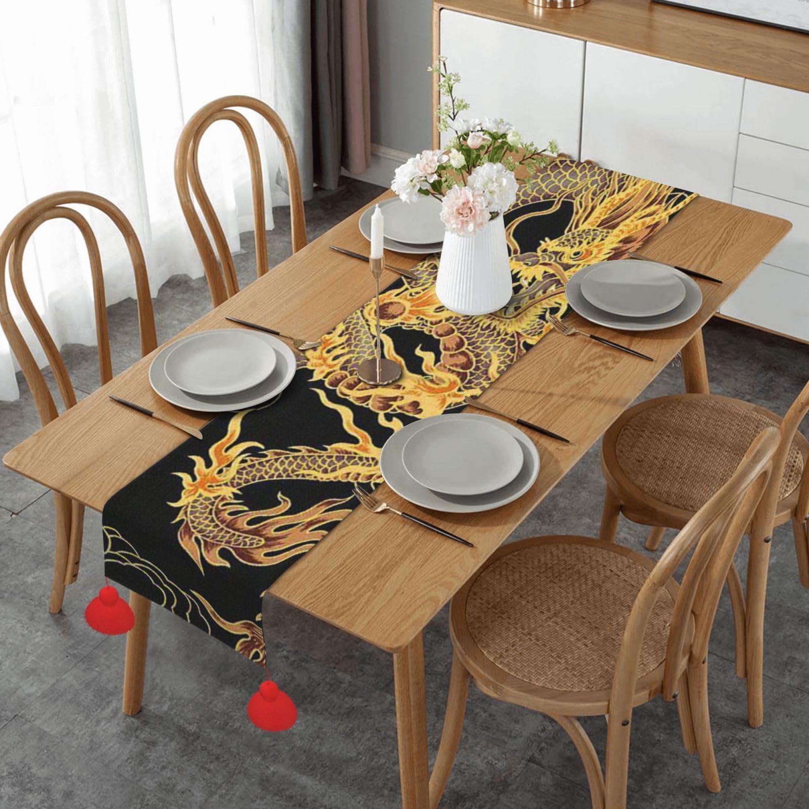 Chemin de table en lin pour mariage et repas d'automne chic aux motifs dragons