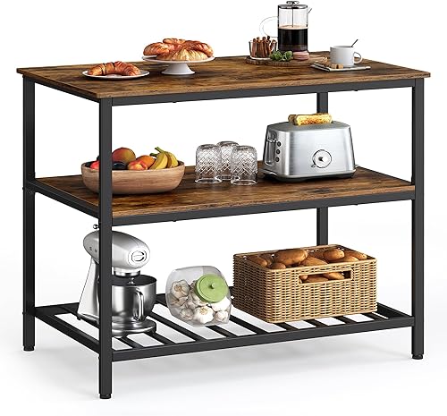 VASAGLE Kitchen Island with 3 Shelves, 39.4 Inches Kitchen Shelf with Large Worktop, Stable Steel Structure, Industrial, Easy to Assemble, Rustic
