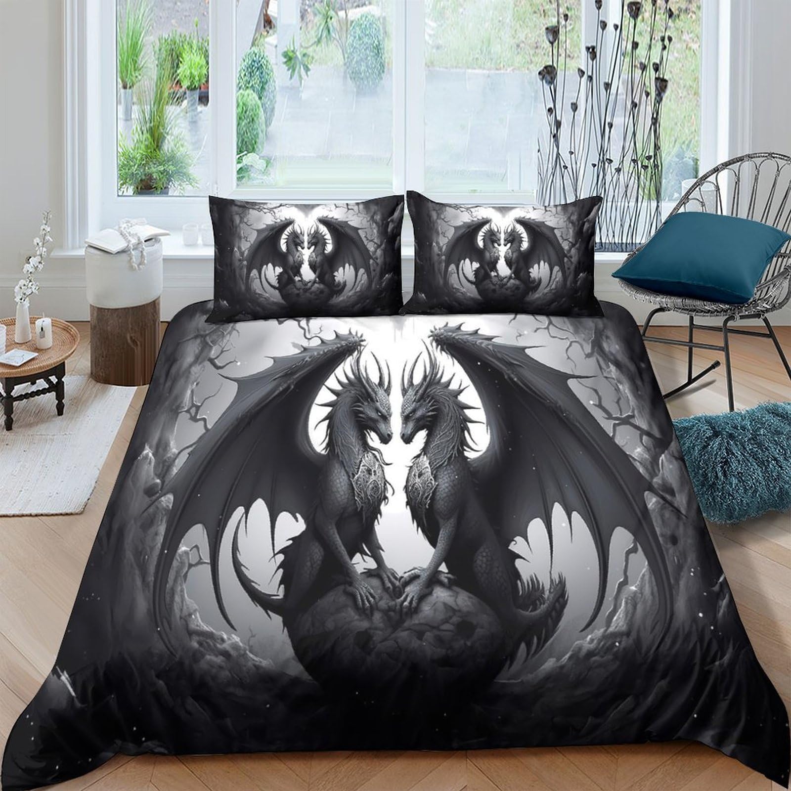 GPLZQXKJNH 3D Printed Black Dragon Duvet Cover Microfiber Soft Breathable Gothic Fantasy Quilt Cover Set with 2 Pillowcases for Bedroom Decor Single（135x200cm）