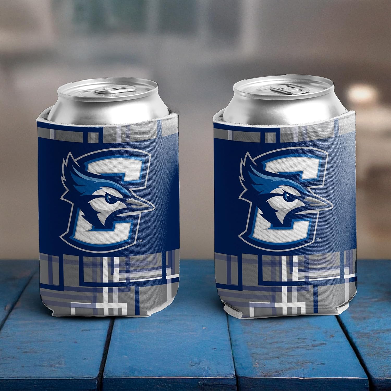 VictoryStore Can Coolers – Creighton University Squares Design – Set of 12 Foldable Drink Sleeves for 12oz Cans & 12–16oz Bottles – Team Spirit Beverage Coolies – Reusable & Durable