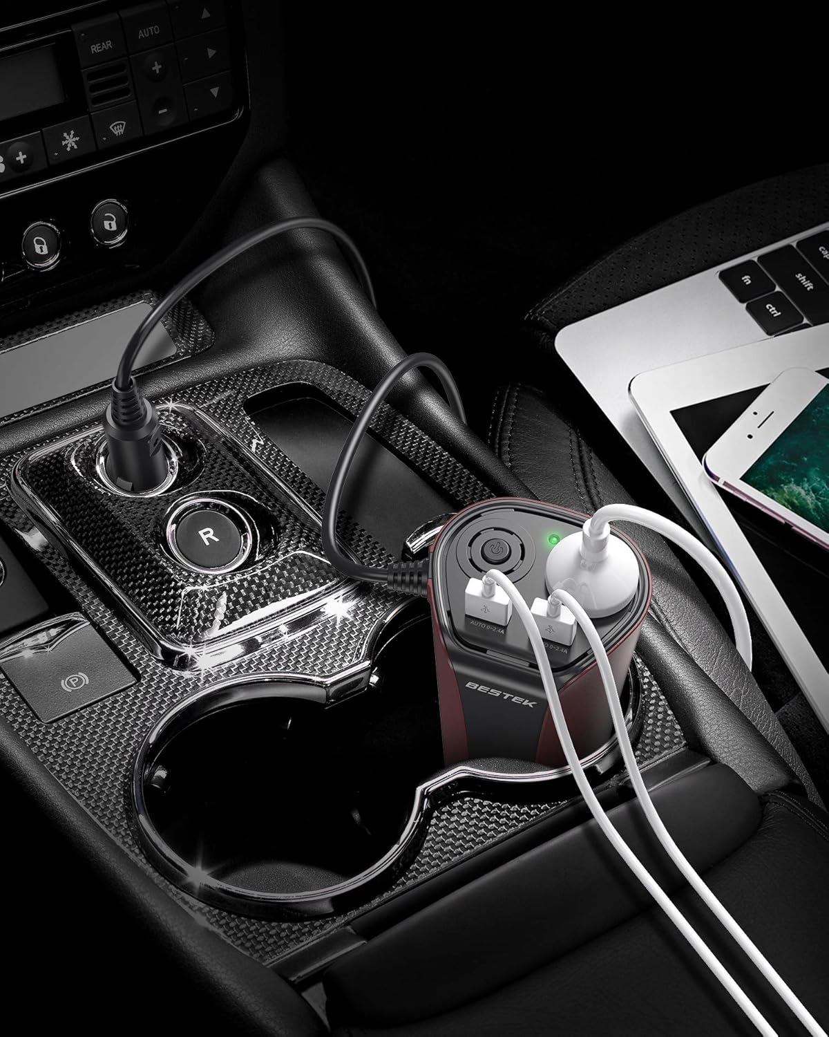 BESTEK 150W Car Inverter MRI1510NU plugged into a car's cigarette lighter socket