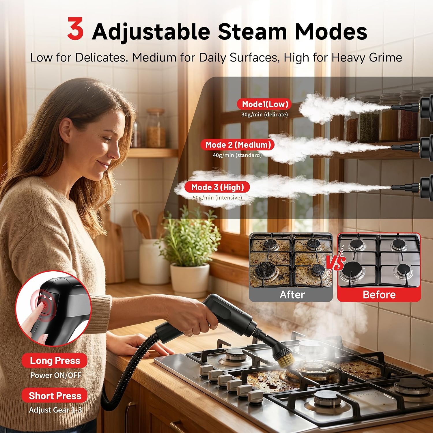 Steam Cleaner for Home & Car, 3-Level Adjustable Steamer for Cleaning