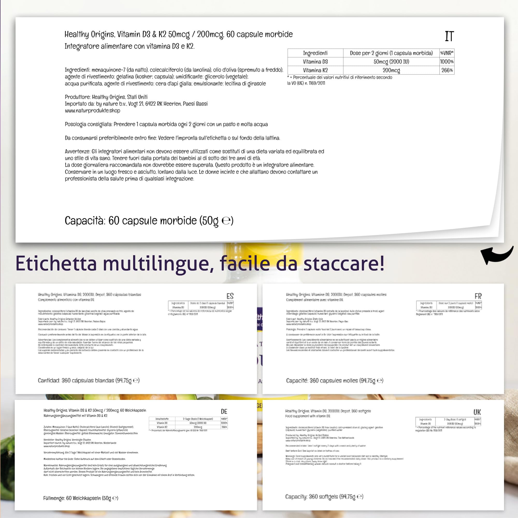 Healthy Origins, Vitamin D3 & K2 Depot (2,000IU & 200mcg) Dose di 2 Giorni, 60 Capsule morbide, Testato in Laboratorio, Senza Soia, Senza Glutine, non OGM