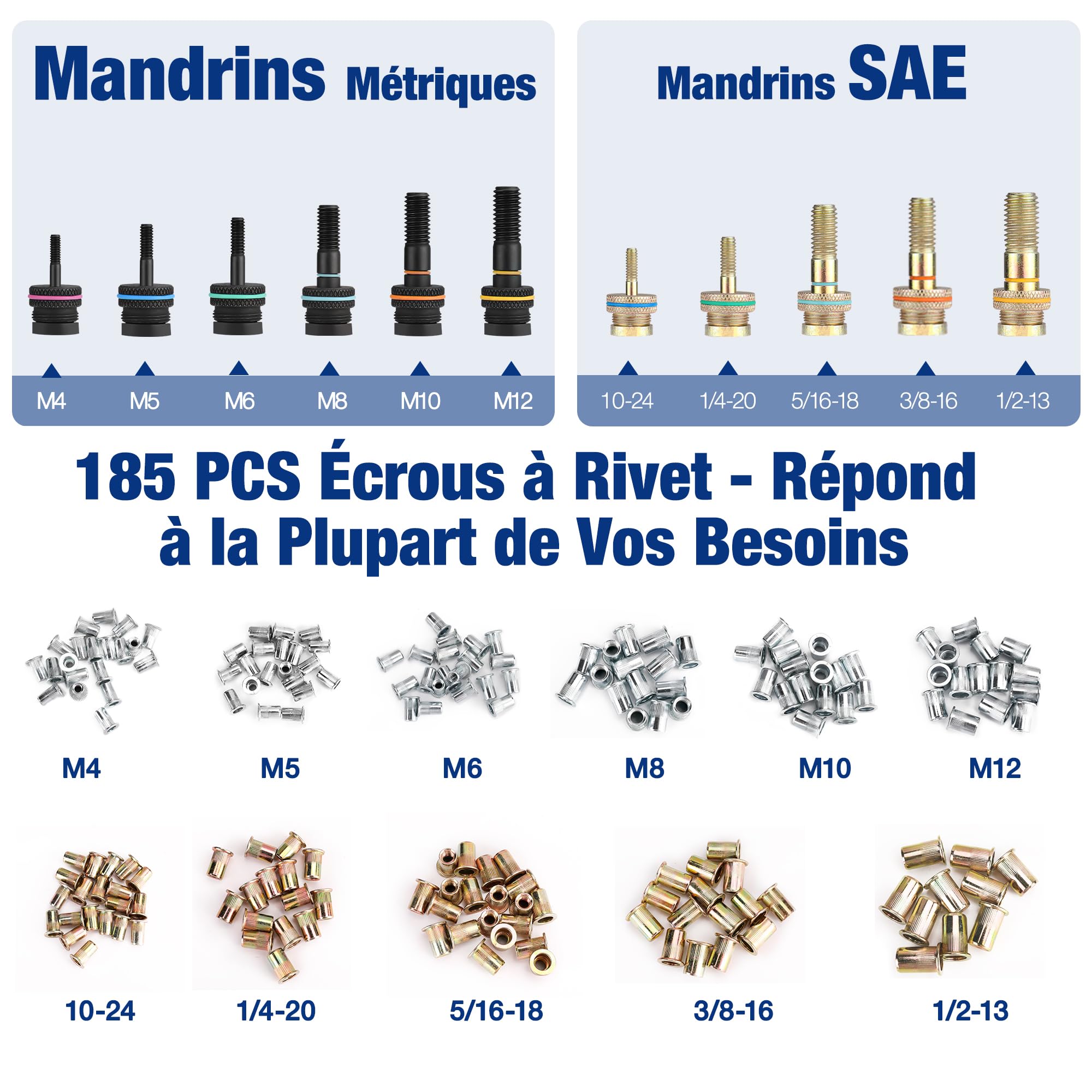 WORKPRO Outil à riveter, 40,6 cm avec 11 mandrins métriques et SAE, ensemble d'outils à rivets manuels avec 185 rivets filetés, riveteuse manuelle avec étui de transport | avec 11 Mandrins Métriques et SAE, Assortiment de 185 Écrous à Sertir, Mallette de
