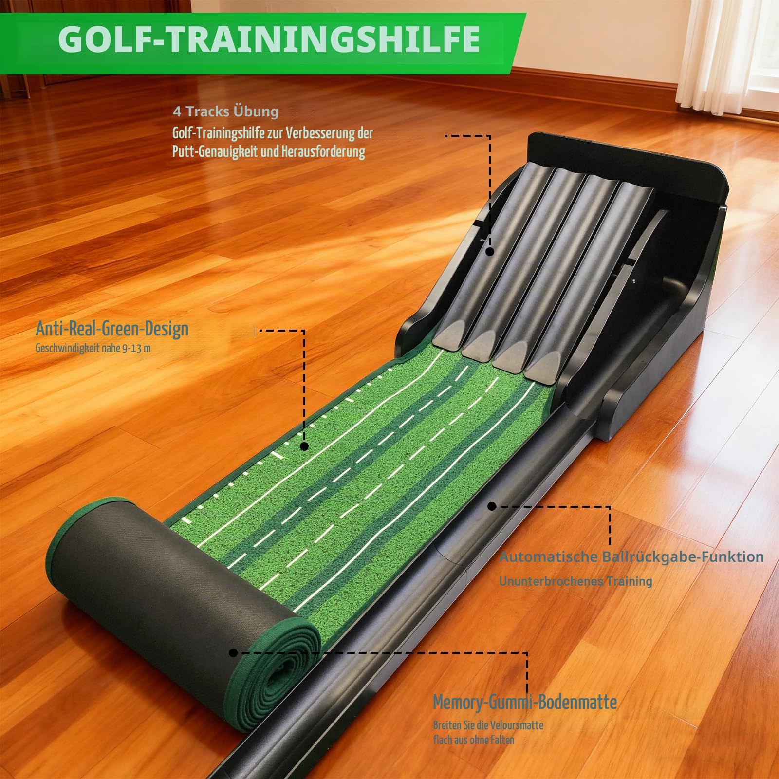 KOFULL Golf Putting Matte mit Ball rücklauf Puttingmatte für den Innenbereich, Pisten-Design, Übungsspiel für Zuhause, Büro, drinnen und draußen