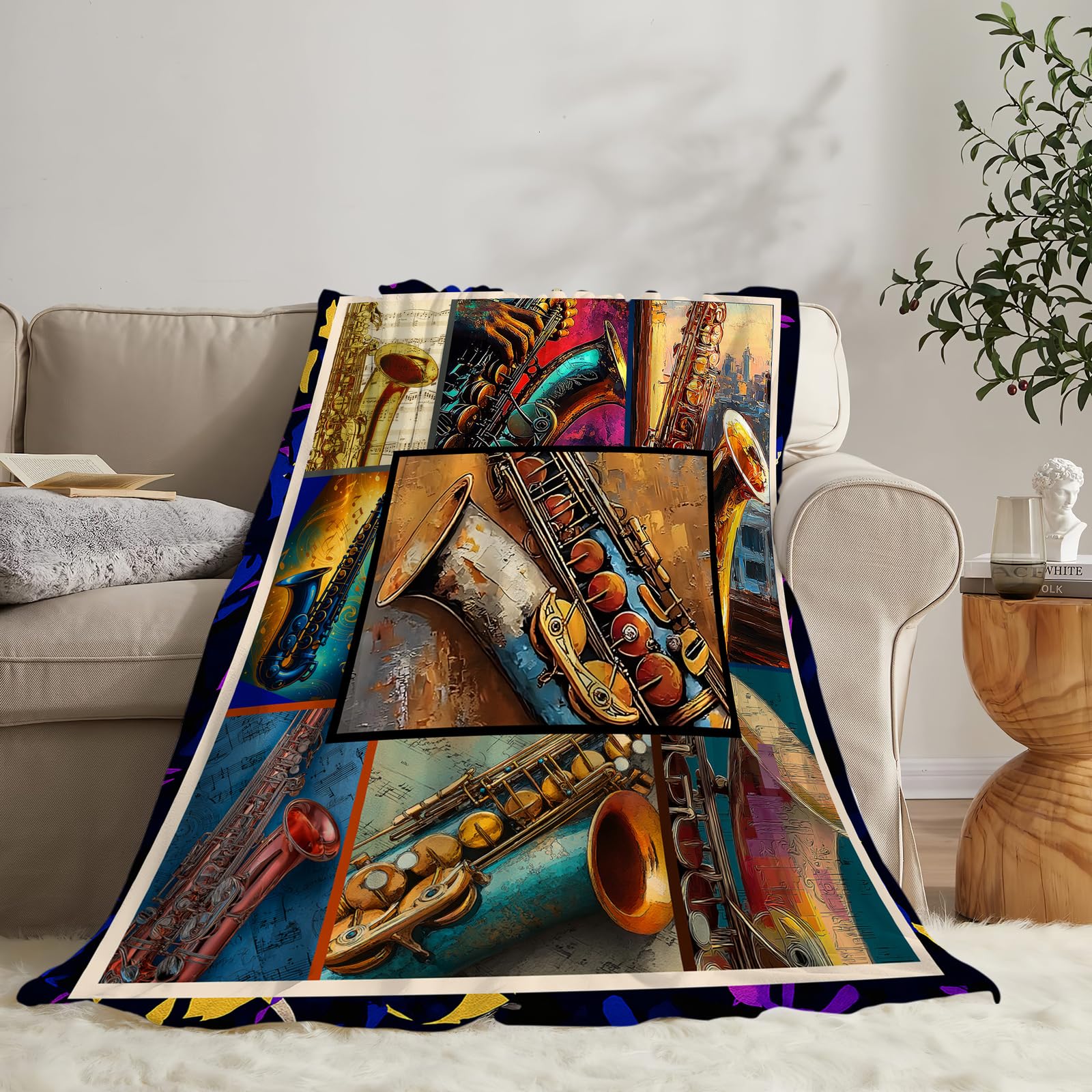 Taimeng Saxophone Throw Blanket, Sax Jazz Music Themed Blanket, Musicians Music Lovers Stuffed Fleece Cozy Flannel Warm Lightweight Blankets Gifts for Kids Teens Women Men Girls Boys 40"X50"