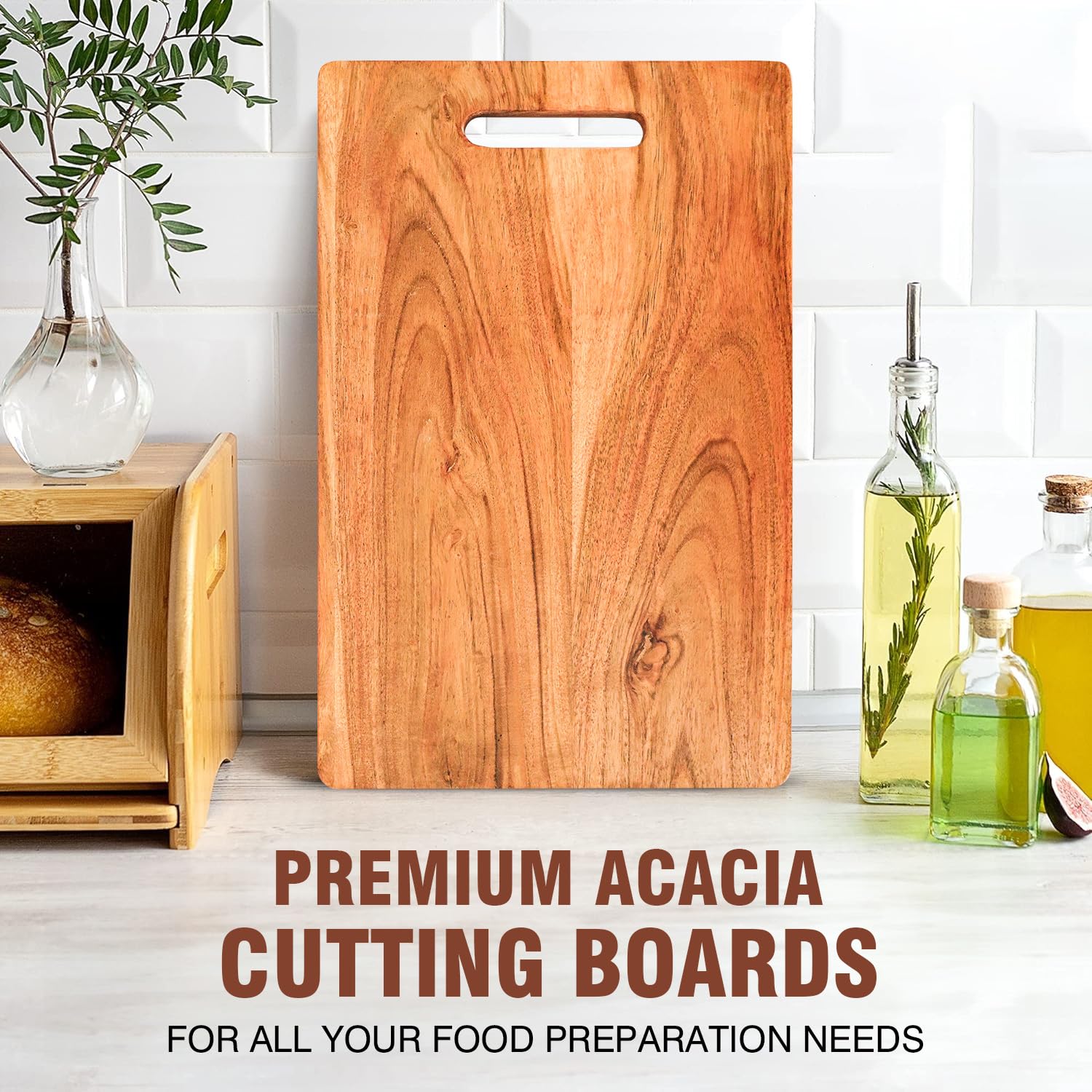 URBANFIX Acacia Wood Chopping Board for Kitchen with Handle | Reversible Wooden Cutting Board for Vegetables, Fruits, Meat & Cheese | Large Wooden Chopper Board for Daily Food Preparation(37.5x23.5cm)