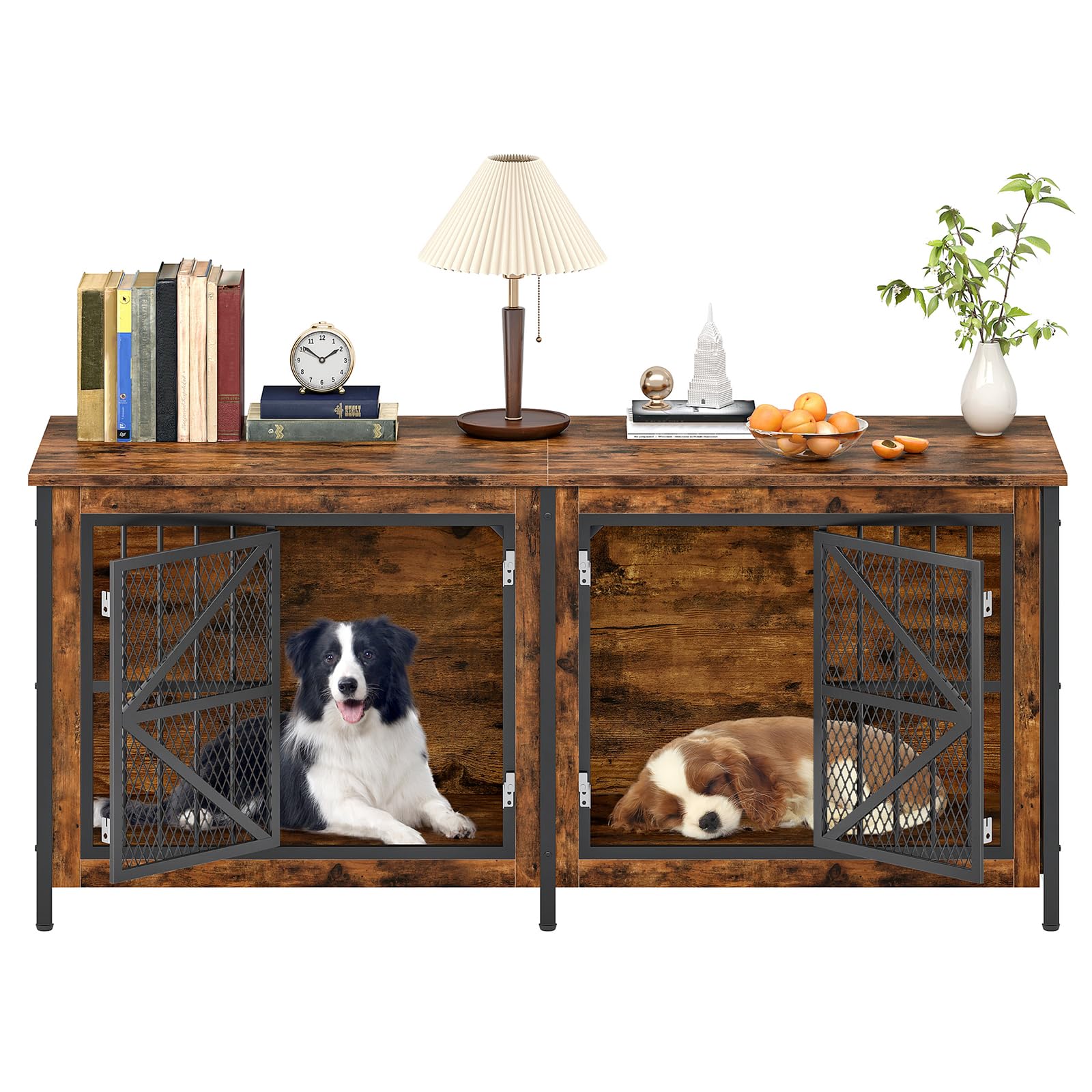 CHOEZON 71 Inch Double Dog Crate Furniture for 2 Dogs, Wooden Dog Crate End Table for Medium/Large Dogs, Dog Kennel Furniture with Divider & Double Metal Doors, Rustic Brown and Black TGW02BF - image 8