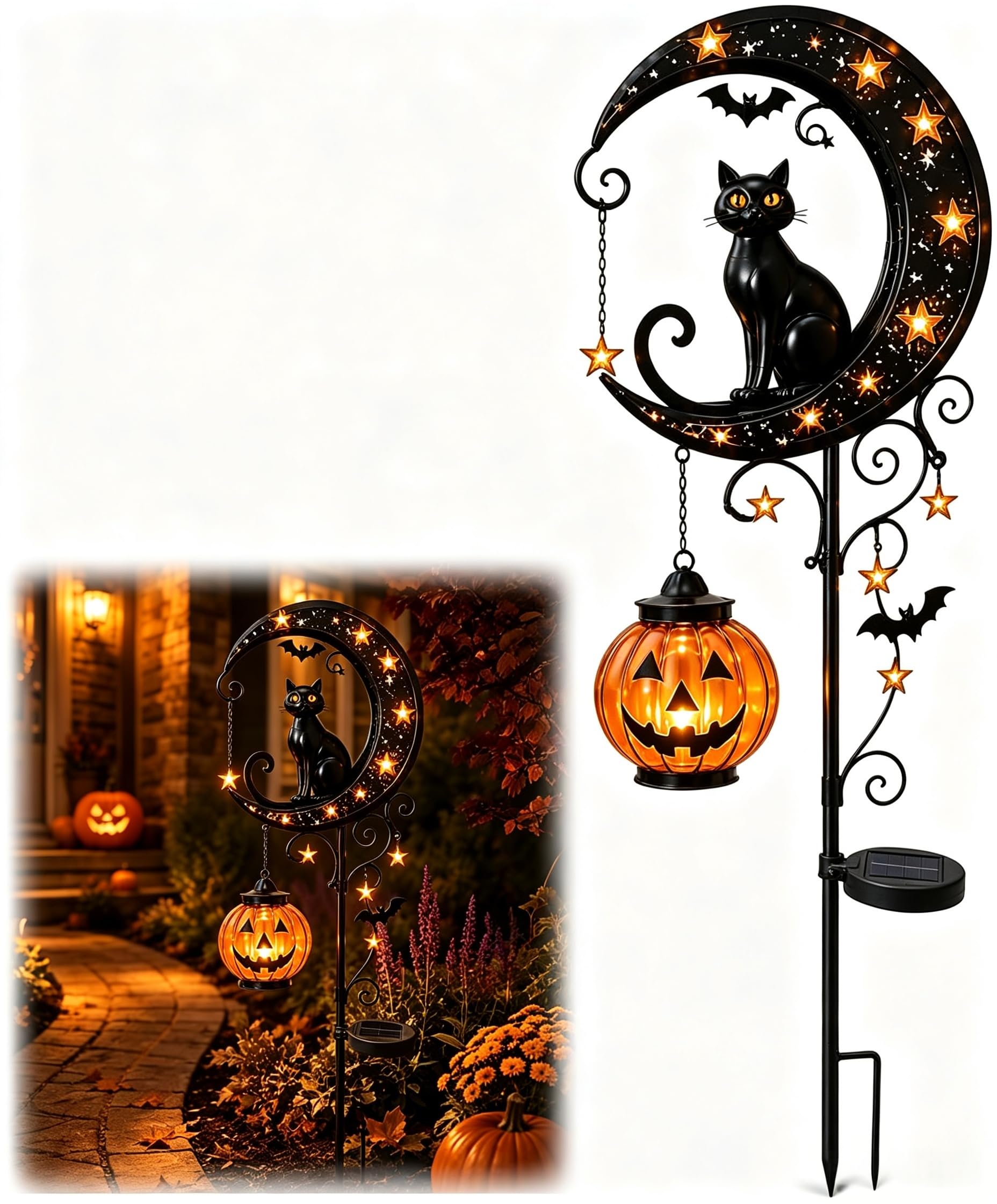 Solar Halloween Black Cat & Pumpkin Moon Garden Stake Light Waterproof (B)