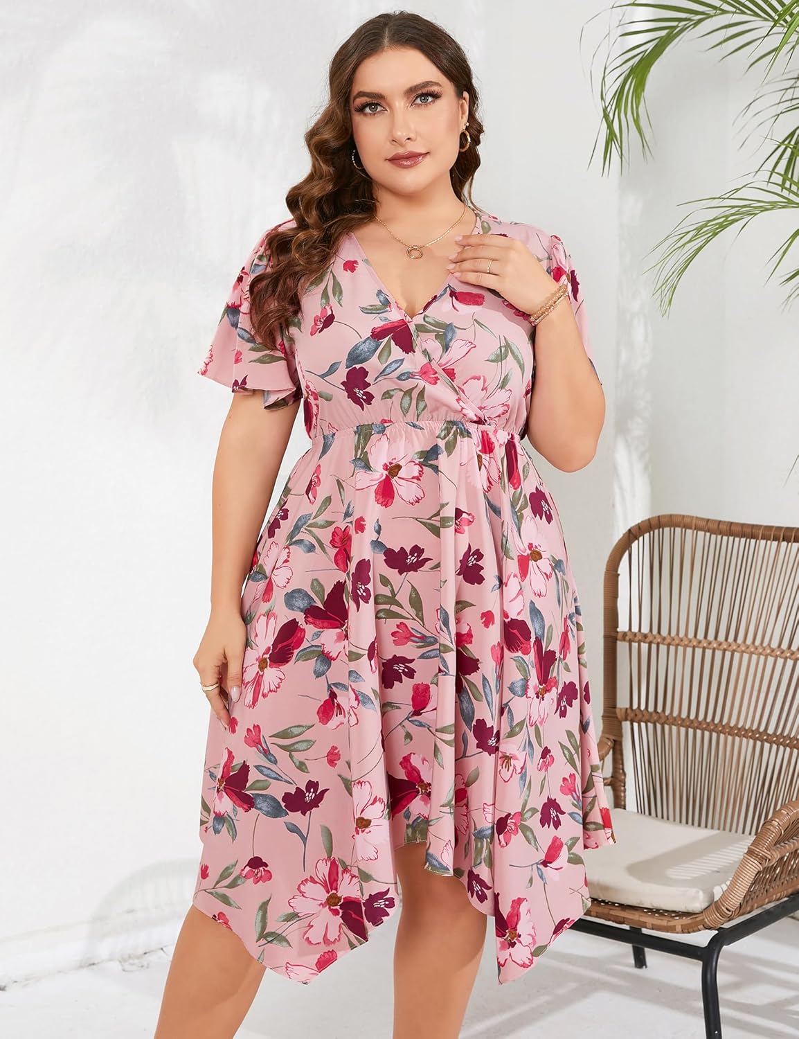 ShopWonder Women Plus Size Wrap V Neck Midi Dress Short Sleeves High Waist Irregular Hem Summer Casual Dress - Image 3