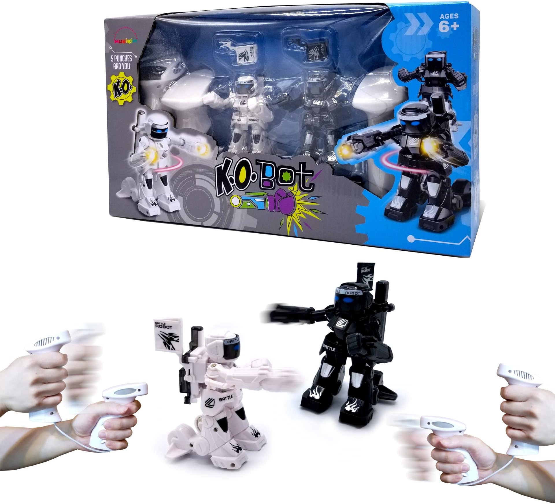 KO Bot - 2 Player RC Boxing Robots Fight To Win! Remote Control Battle Robot Toys For Kids With Cool Light & Sound Effects. Gesture Sense/Controller 2 Operating Modes! 5 Punches To K.O. Your Opponent!