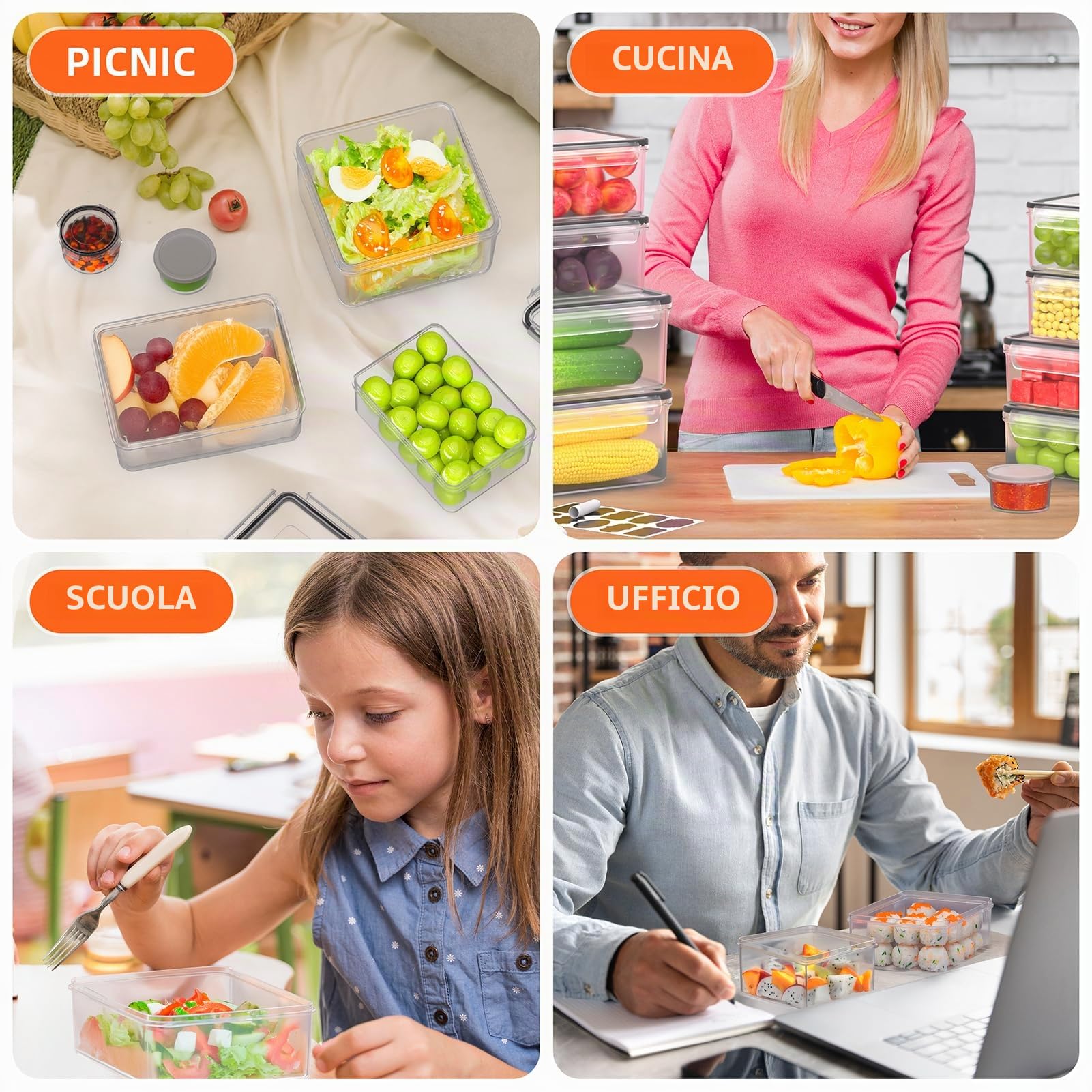 Set 36 Contenitori Ermetici per Alimentari con Coperchio - Scatole Conservazione (18 Contenitori + 18 Coperchi) - Barattoli Cibo Antigoccia per Cucina