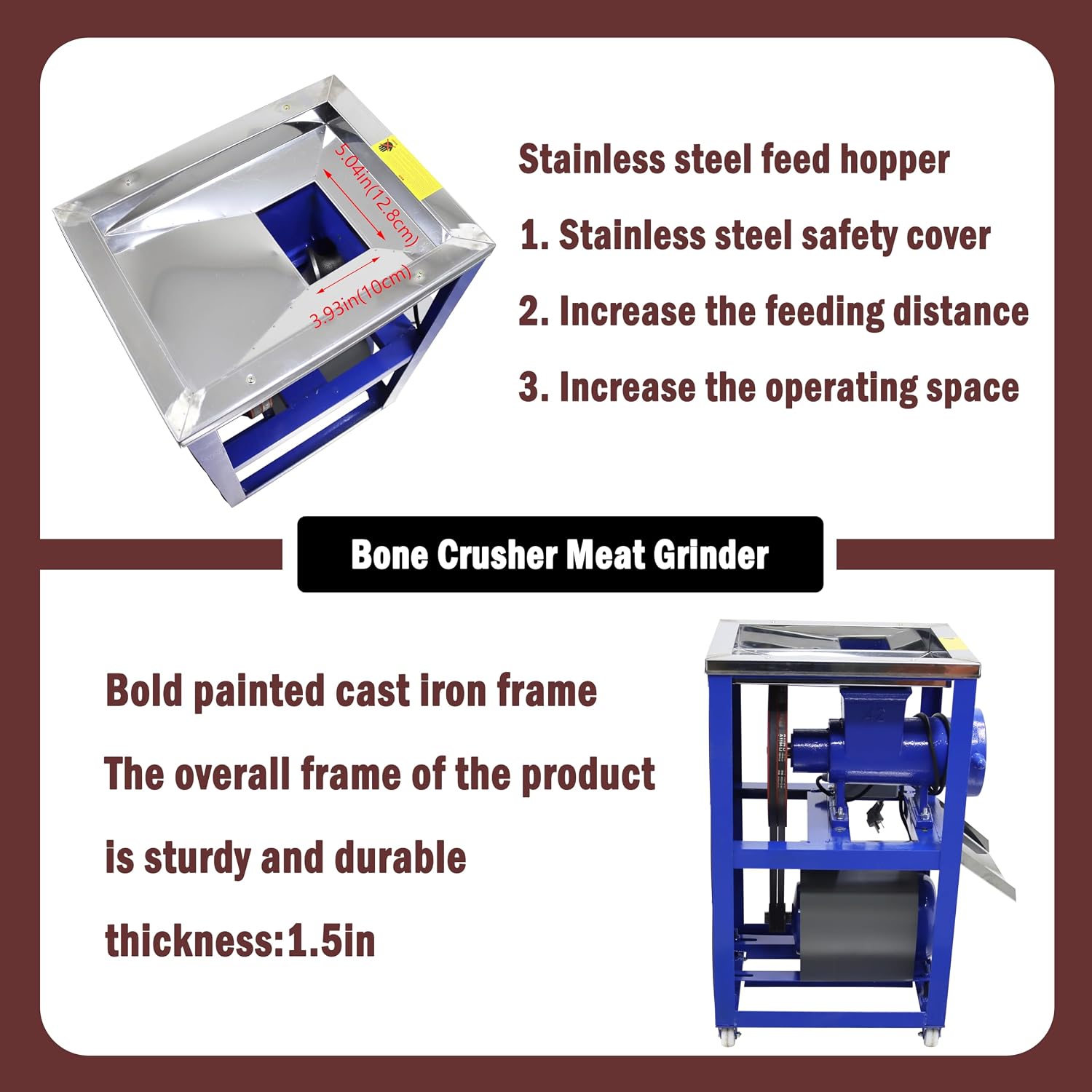 Bone Crusher Meat Grinder Bone Crushing Machine Commercial for Pulverizing Pork Chicken Fish Vegetables with Emergency Stop Switch Pulley 220V 2.2KW