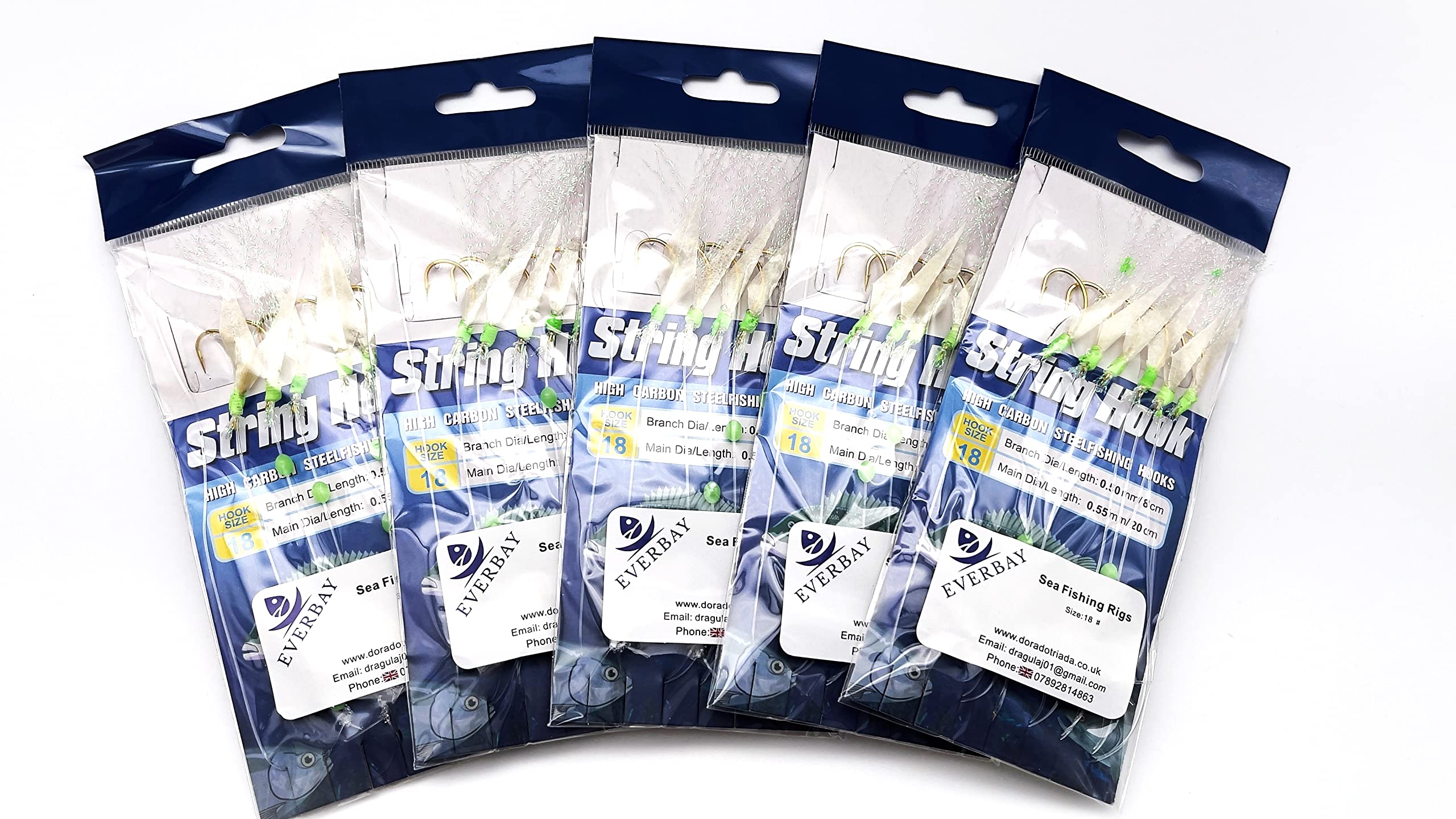 EVERBAYFishing Sea Rigs 5packs Multi Hooks for Mackerel, Pollock, Bass, Cod, Feather Baits, Sea Lures Boat Fishing Tackle,Real Fish Skins,Hooks with Luminous Beads for Saltwater