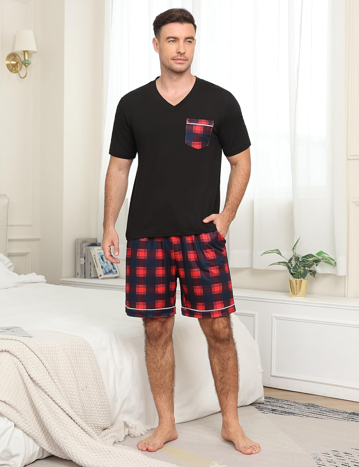 MoFiz Mens Pajama Set Summer Pjs Sleepwear Nightwear Lightweight Quick Dry Soft Short Sleeve V-Neck Pjs Sleep Set With Pocket - Image 2