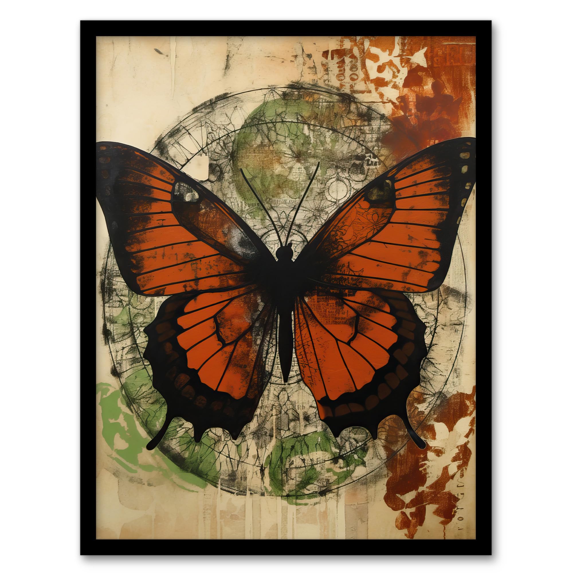Artery8 Vintage Monarch Butterfly Botanical Earthy Grunge Aesthetic Artwork Framed Wall Art Print 18X24 Inch