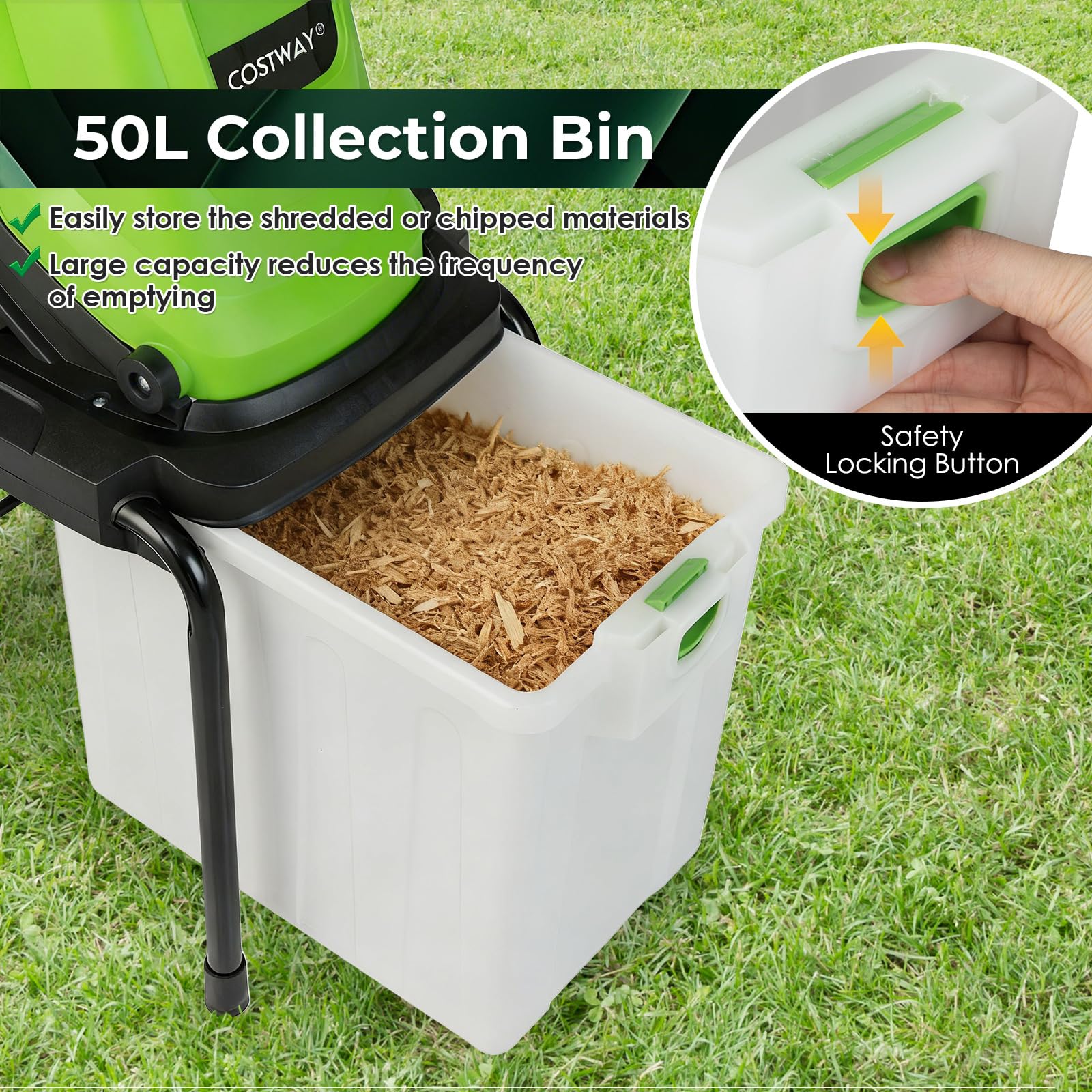 FANTASK Trituradora eléctrica de jardín, 2800 W-56 x 44 x 94 cm, trituradora de jardín con ruedas, caja de captura de 50 l, grosor de corte 45 mm, con cable, trituradora eléctrica de rodillos para