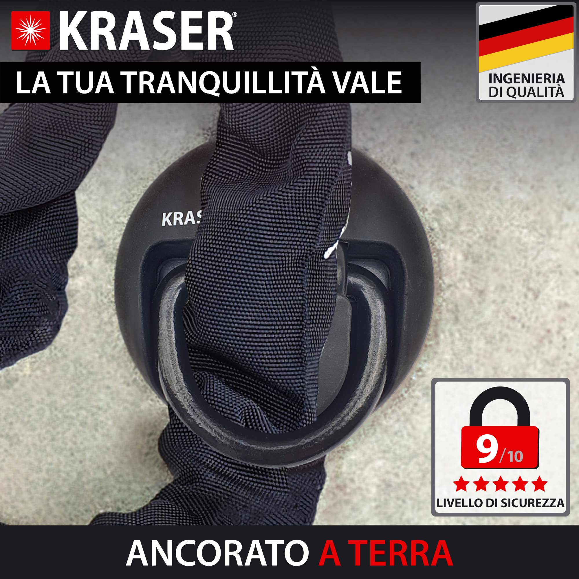 KRASER KR804 Ancoraggio Antifurto Moto Scooter Sicurezza Bicicletta Fissazione a Pavimento o a Parete, Anello Inclinabile Pieghevole, Fissaggio per Tasselli Antitrapano